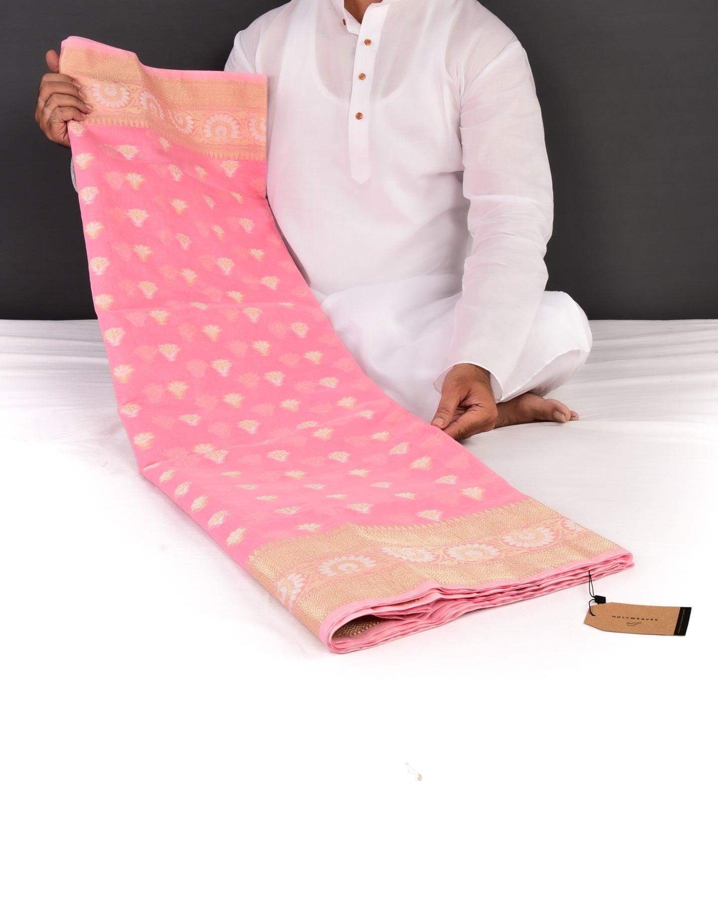Pink Banarasi Sona Rupa Zari Cutwork Brocade Woven Cotton Silk Saree - By HolyWeaves, Benares