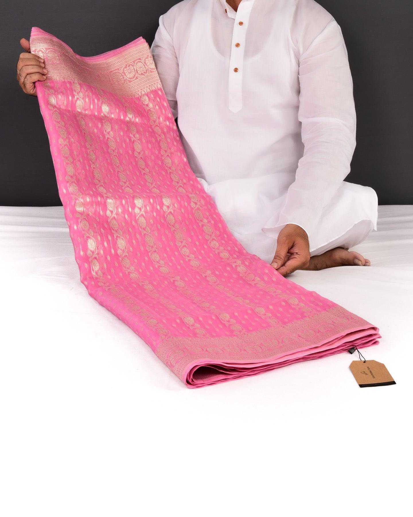 Pink Banarasi Sona Zari Cutwork Brocade Handwoven Kora Silk Saree - By HolyWeaves, Benares