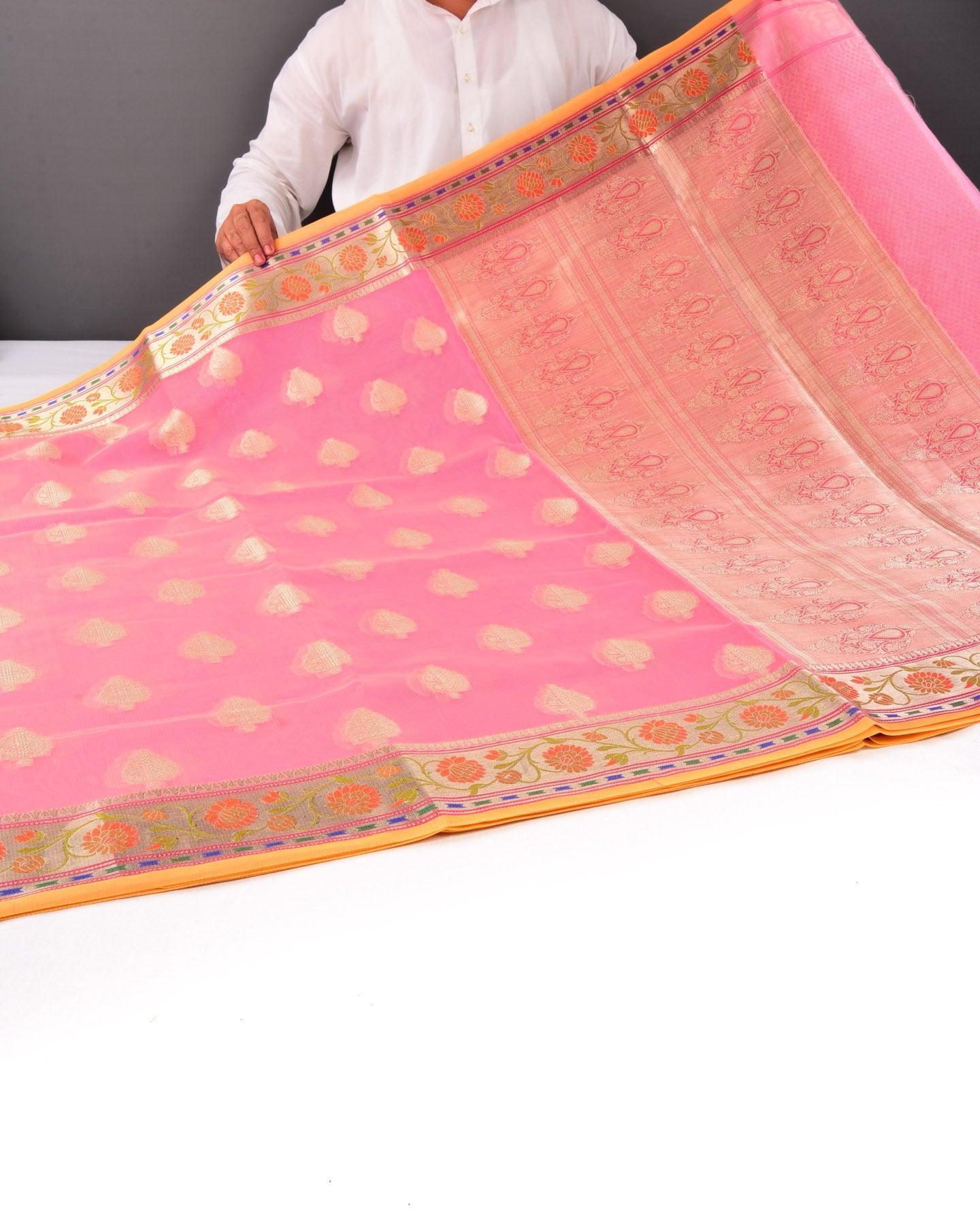 Pink Banarasi Stripe Texture Weave Zari Buti Cutwork Brocade Woven Art Cotton Silk Saree with Meenekari Border - By HolyWeaves, Benares