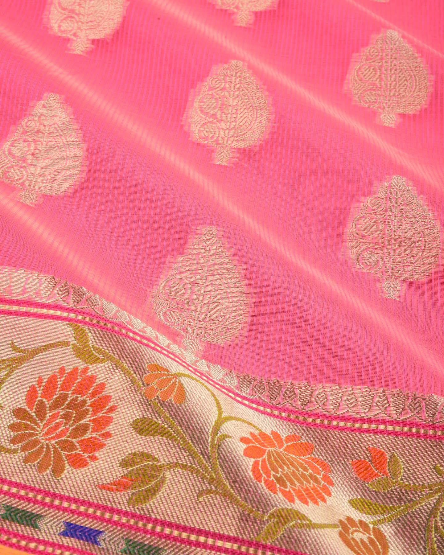 Pink Banarasi Stripe Texture Weave Zari Buti Cutwork Brocade Woven Art Cotton Silk Saree with Meenekari Border - By HolyWeaves, Benares