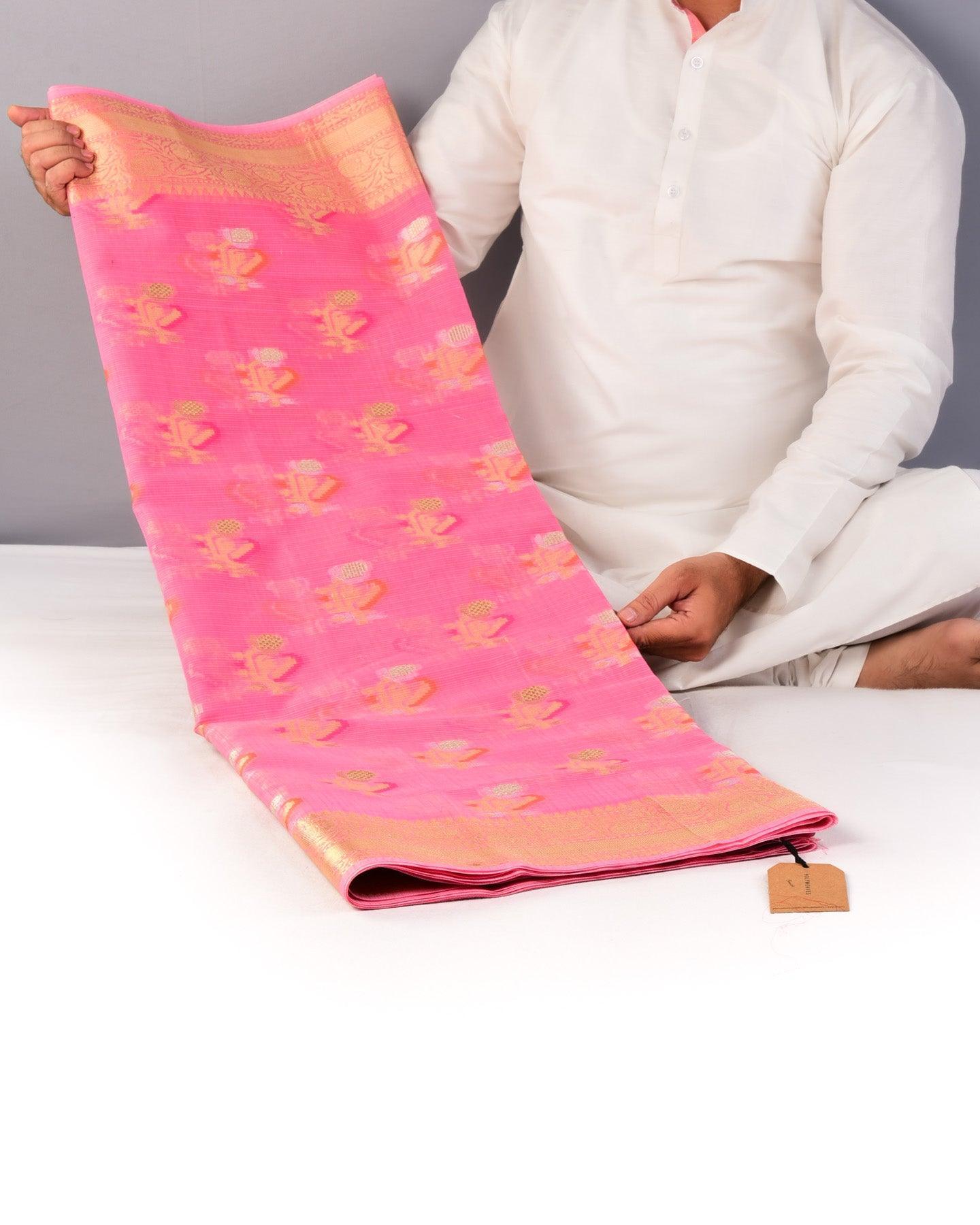 Pink Banarasi Tehra Buta Cutwork Brocade Woven Kota Cotton Saree - By HolyWeaves, Benares