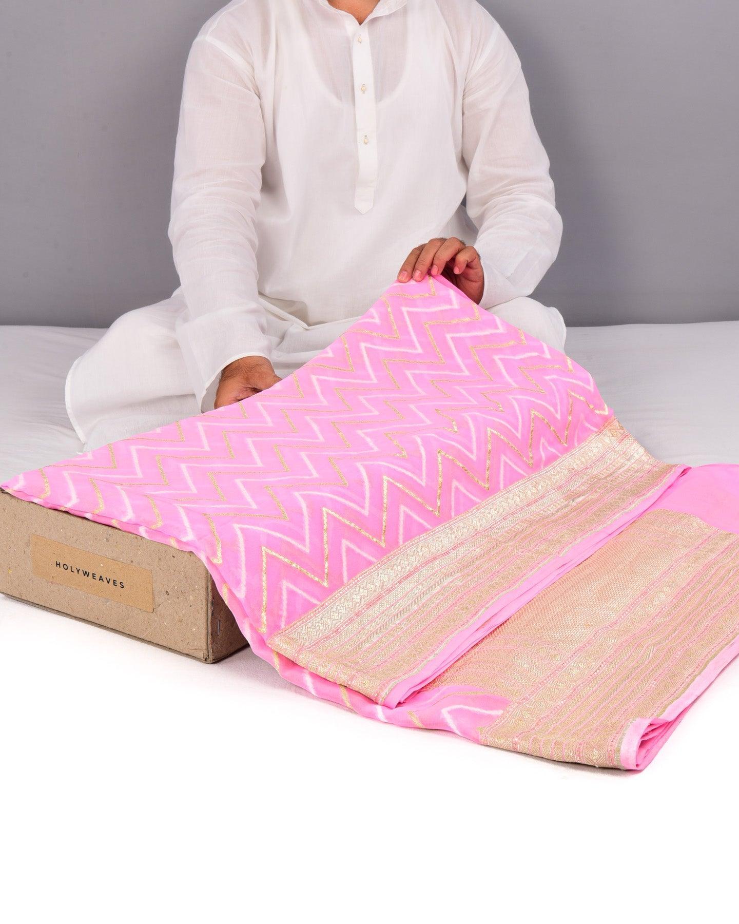 Pink Banarasi Zari & Resham Chevron Cutwork Brocade Handwoven Khaddi Georgette Saree - By HolyWeaves, Benares