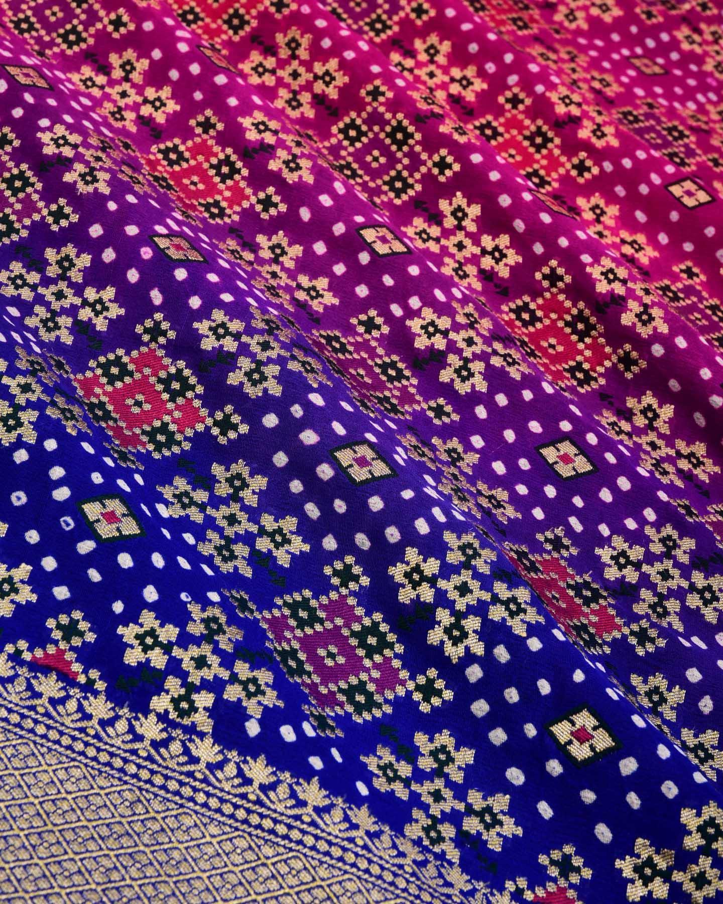 Pink-Blue Banarasi Gold Reshmi Zari Geometrical Buti Jaal Cutwork Brocade Handwoven Khaddi Georgette Saree with White Bandhej - By HolyWeaves, Benares
