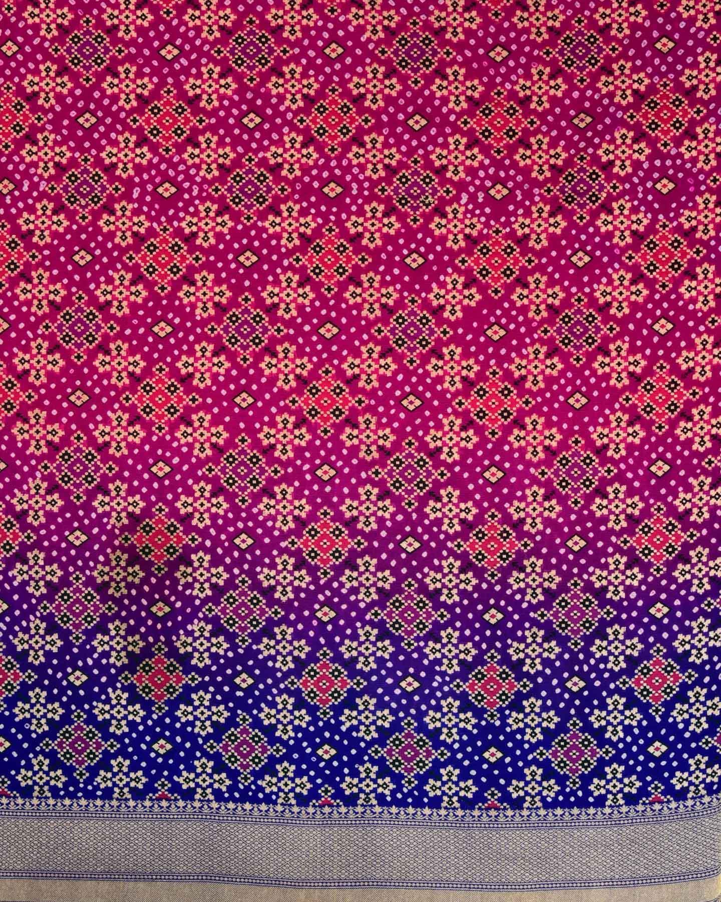 Pink-Blue Banarasi Gold Reshmi Zari Geometrical Buti Jaal Cutwork Brocade Handwoven Khaddi Georgette Saree with White Bandhej - By HolyWeaves, Benares