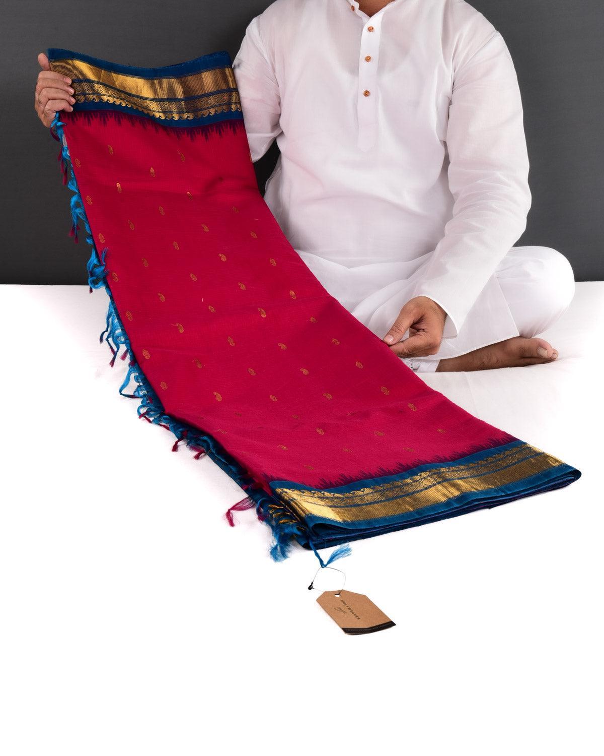 Pink-Blue Gadwal Kadhuan (कढ़ुआँ) Brocade Handwoven Cotton Silk Saree - By HolyWeaves, Benares
