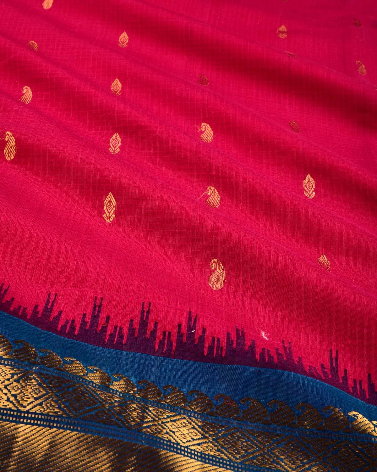 Pink-Blue Gadwal Kadhuan (कढ़ुआँ) Brocade Handwoven Cotton Silk Saree - By HolyWeaves, Benares