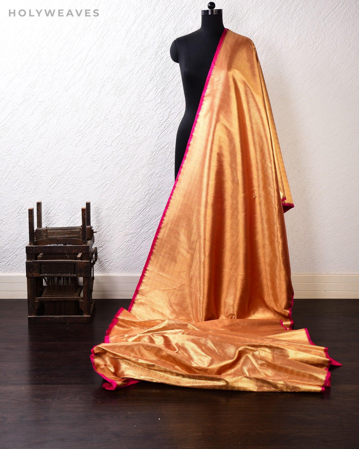 Pink Gold Banarasi Chevron Brocade Handwoven Satin Viscose Silk Fabric - By HolyWeaves, Benares