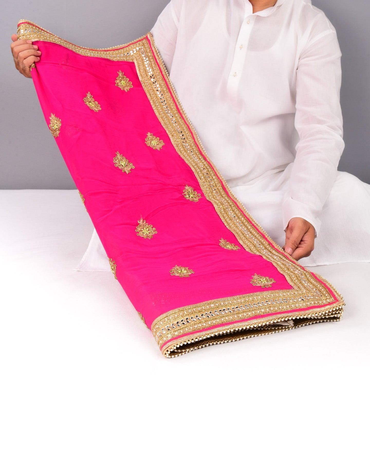 Pink Half-n-Half Hand-embroidered Georgette Saree - By HolyWeaves, Benares