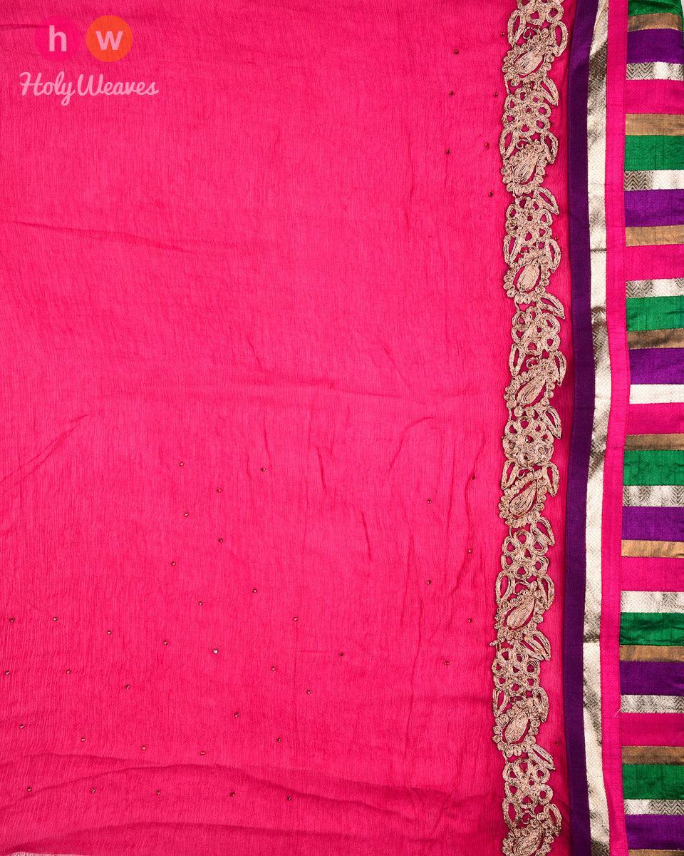 Pink Hand-embroidered Chiffon Saree - By HolyWeaves, Benares