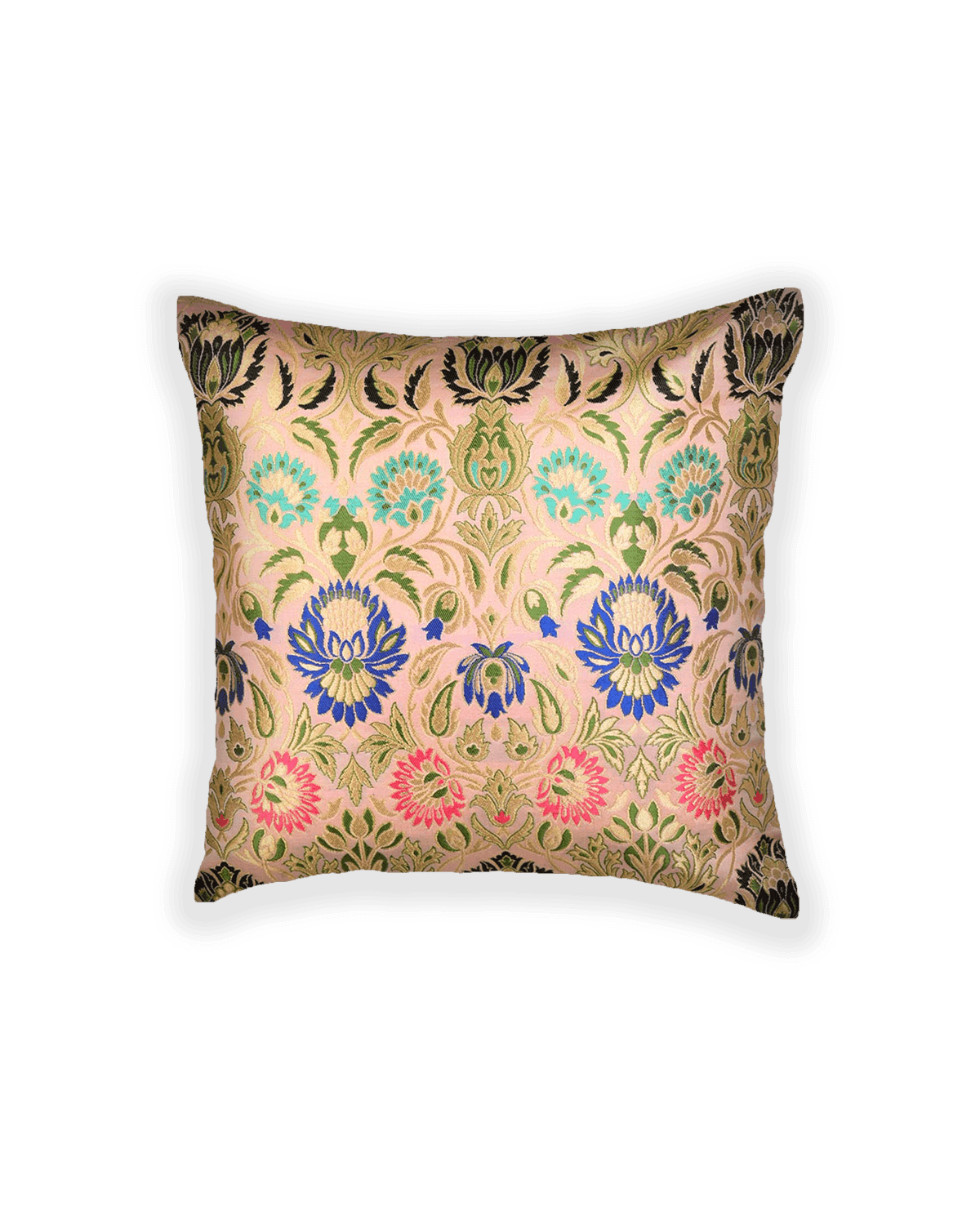 Pink Kimkhwab Brocade Handwoven Viscose Silk Cushion Cover with Satin Back 16" - By HolyWeaves, Benares