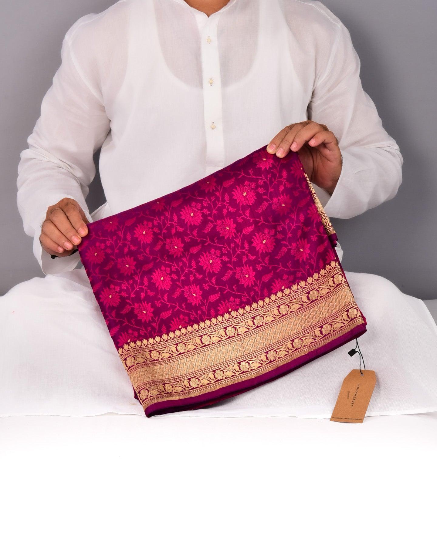 Pink On Magenta Banarasi Zari Buti Tanchoi Brocade Handwoven Katan Silk Saree - By HolyWeaves, Benares
