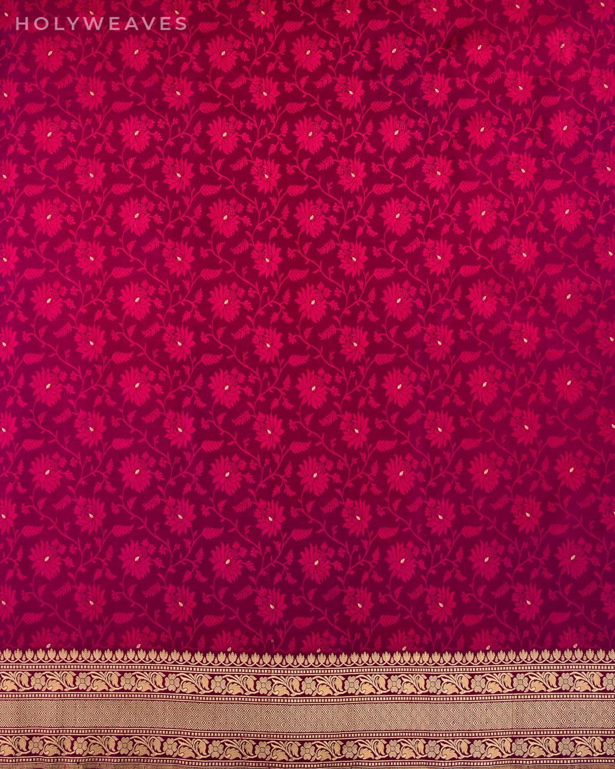 Pink On Magenta Banarasi Zari Buti Tanchoi Brocade Handwoven Katan Silk Saree - By HolyWeaves, Benares