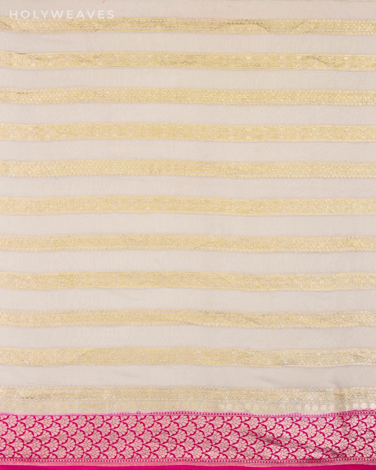 Pink On White Banarasi Brocade Stripes Cutwork Brocade Handwoven Khaddi Georgette Saree with Contrast Border Pallu - By HolyWeaves, Benares