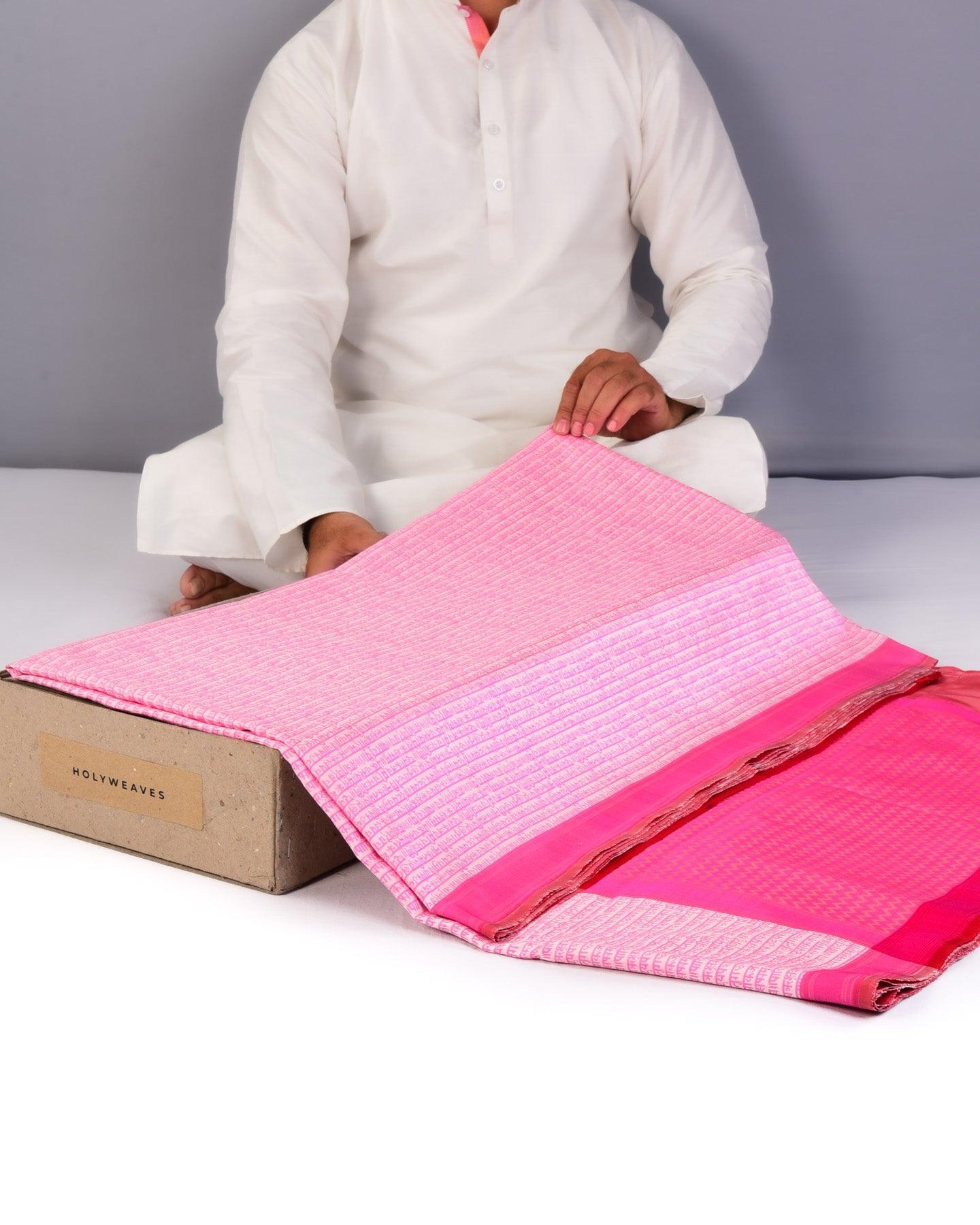 Pink on White Banarasi Resham Shlok Tanchoi Handwoven Katan Silk Saree - By HolyWeaves, Benares