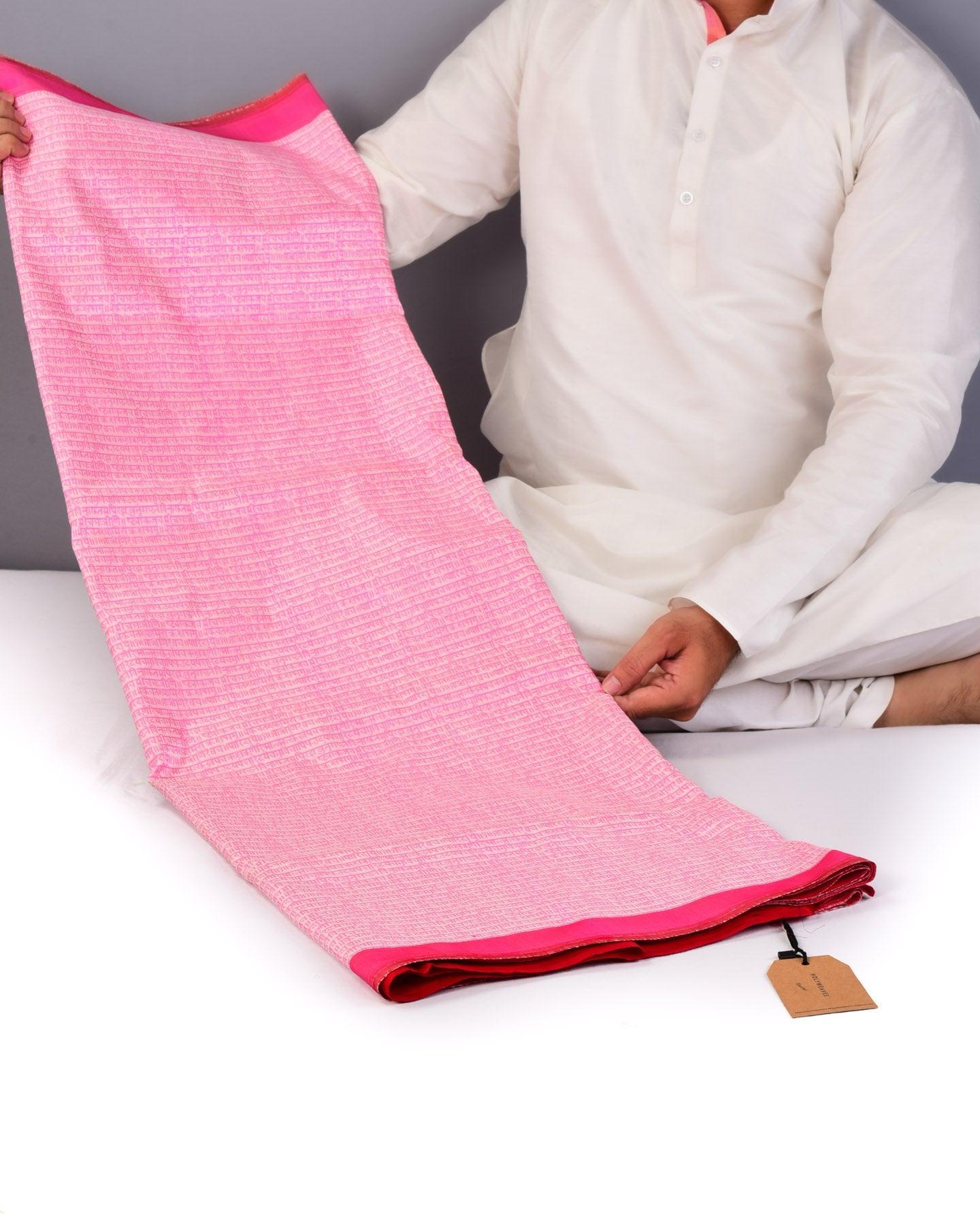 Pink on White Banarasi Resham Shlok Tanchoi Handwoven Katan Silk Saree - By HolyWeaves, Benares