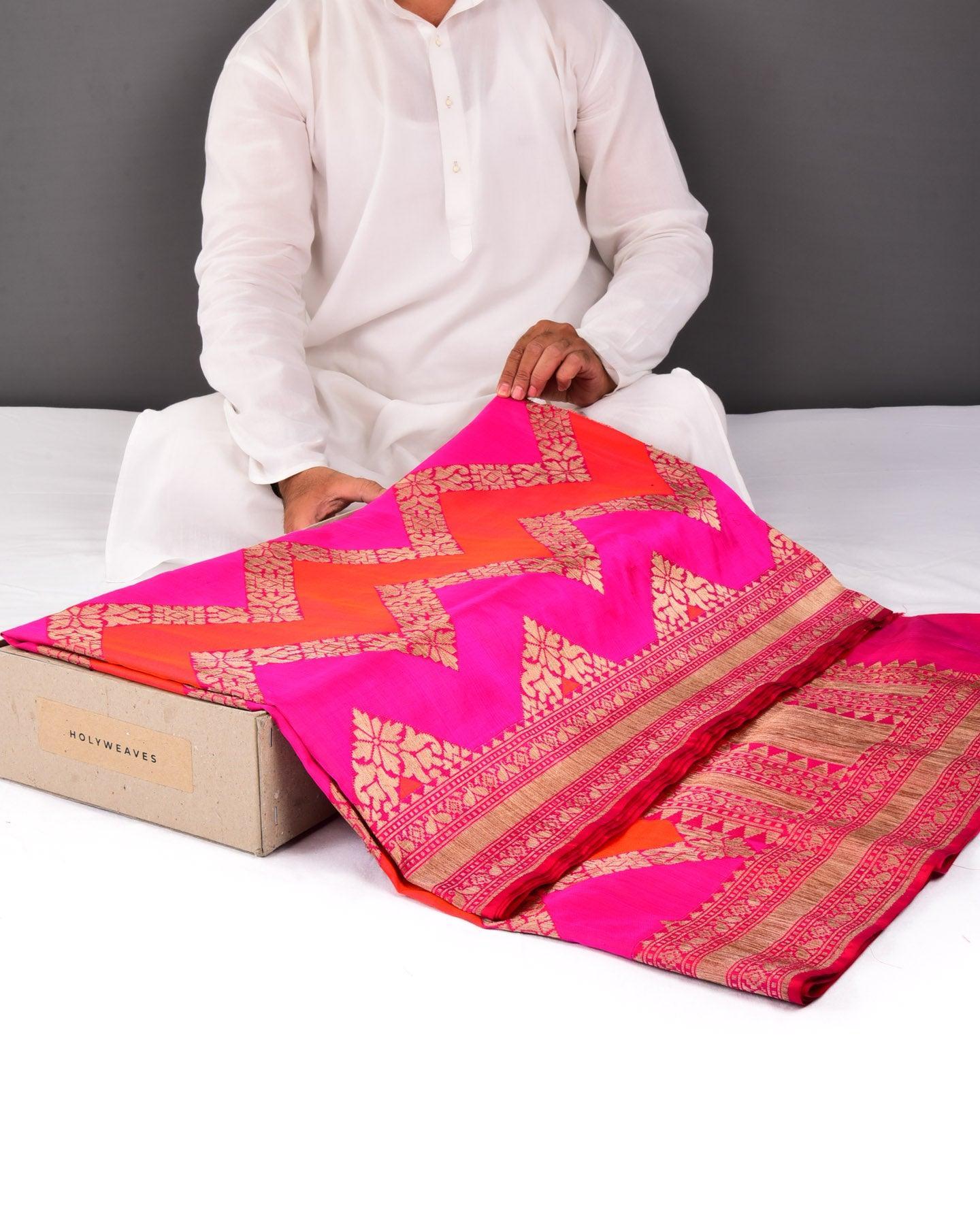 Pink-Orange Banarasi Alfi Gold Zari and Resham Chevron Cutwork Brocade Handwoven Katan Silk Saree - By HolyWeaves, Benares