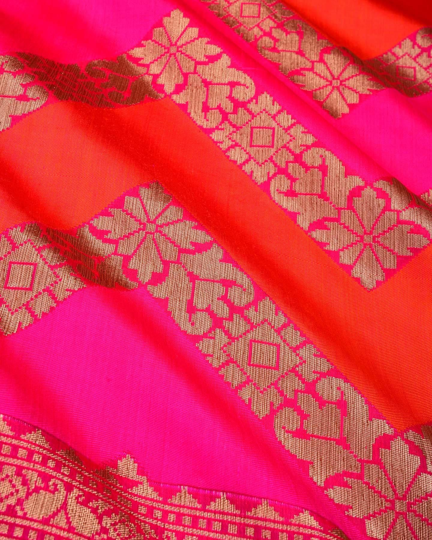 Pink-Orange Banarasi Alfi Gold Zari and Resham Chevron Cutwork Brocade Handwoven Katan Silk Saree - By HolyWeaves, Benares
