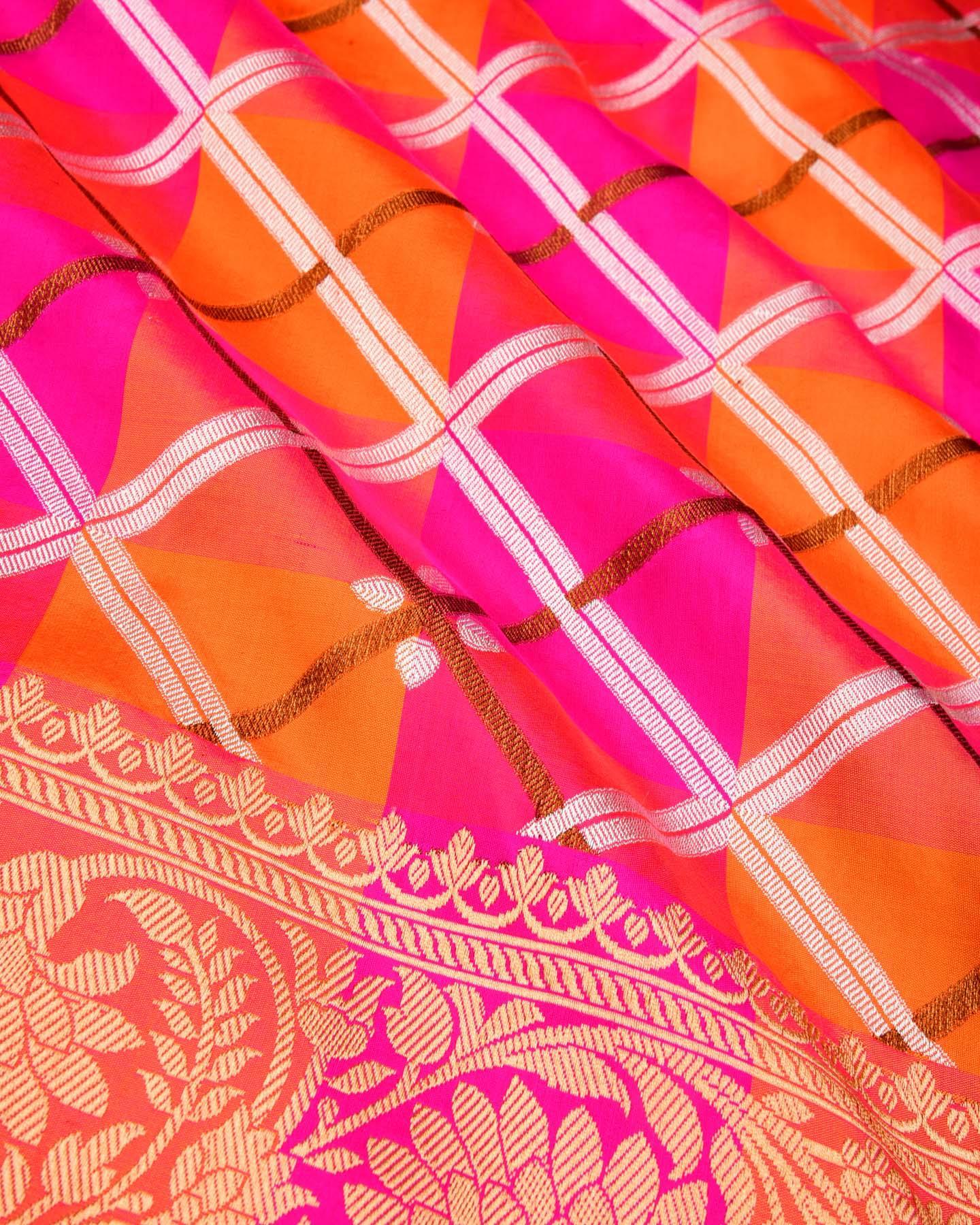 Pink-Orange Banarasi Color-block With Alfi Silver and Antique Zari Cutwork Brocade Handwoven Katan Silk Saree - By HolyWeaves, Benares