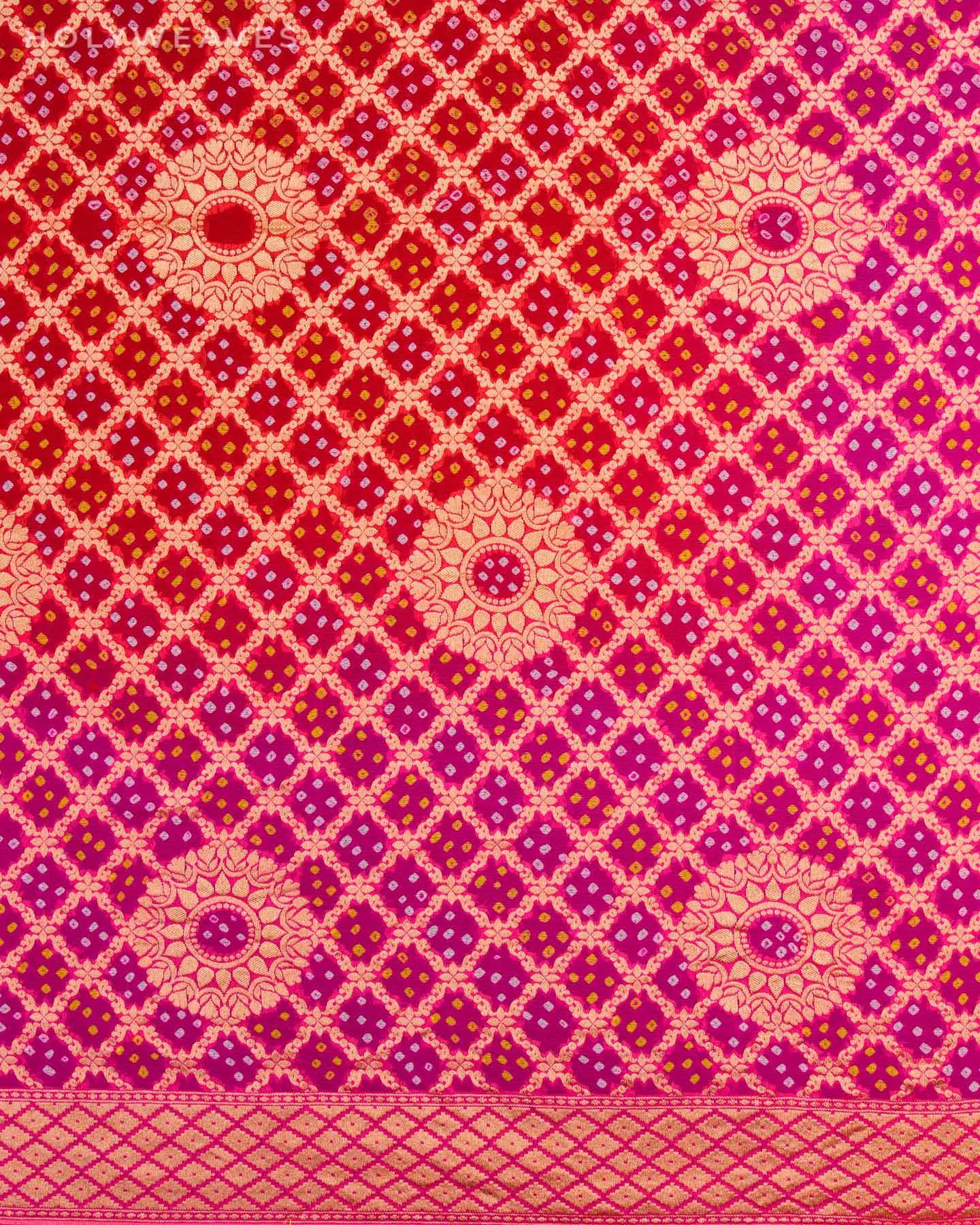 Pink-Red Banarasi Cutwork Brocade Handwoven Khaddi Georgette Dupatta with 2-color Bandhej - By HolyWeaves, Benares