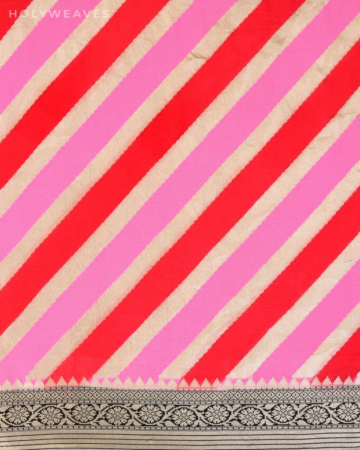 Pink-Red Banarasi Diagonal Stripes Handbrush Dye Cutwork Brocade Handwoven Khaddi Georgette Saree - By HolyWeaves, Benares