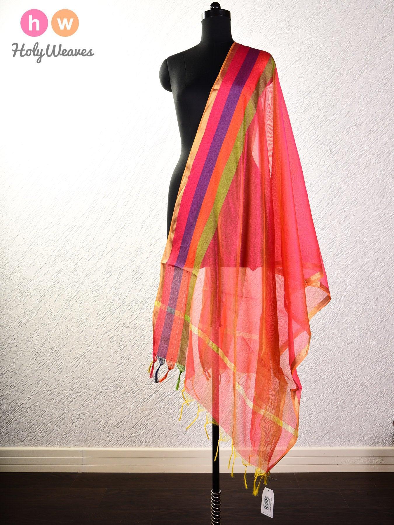 Pink Woven Poly Cotton Silk Dupatta with Multi-color Stripes - By HolyWeaves, Benares