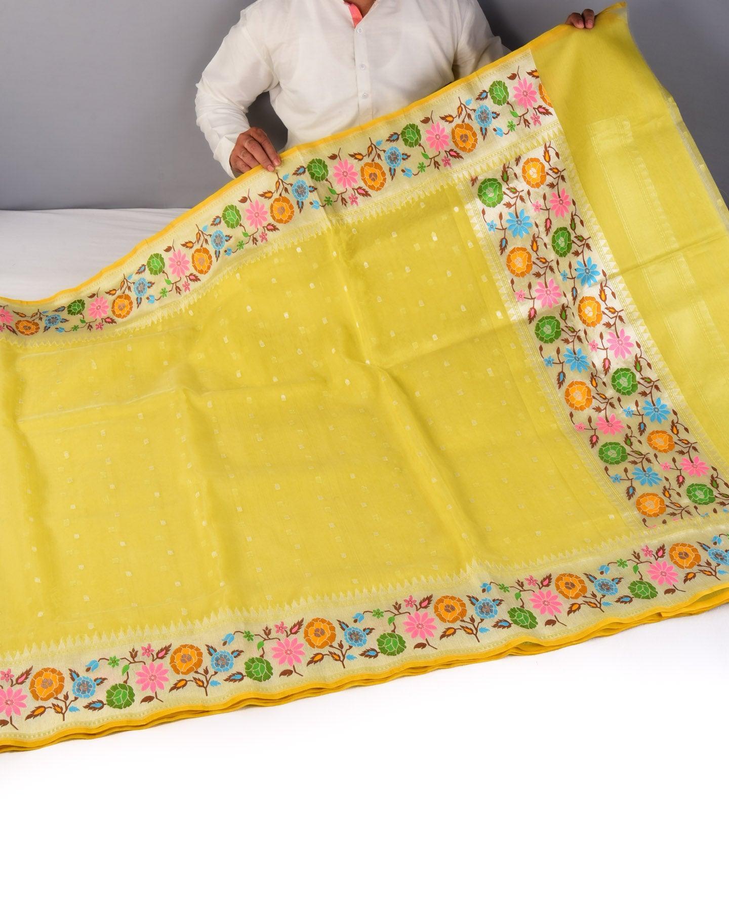 Pista Green Banarasi Multi-color Meena Border Pallu Cutwork Brocade Handwoven Kora Silk Saree - By HolyWeaves, Benares