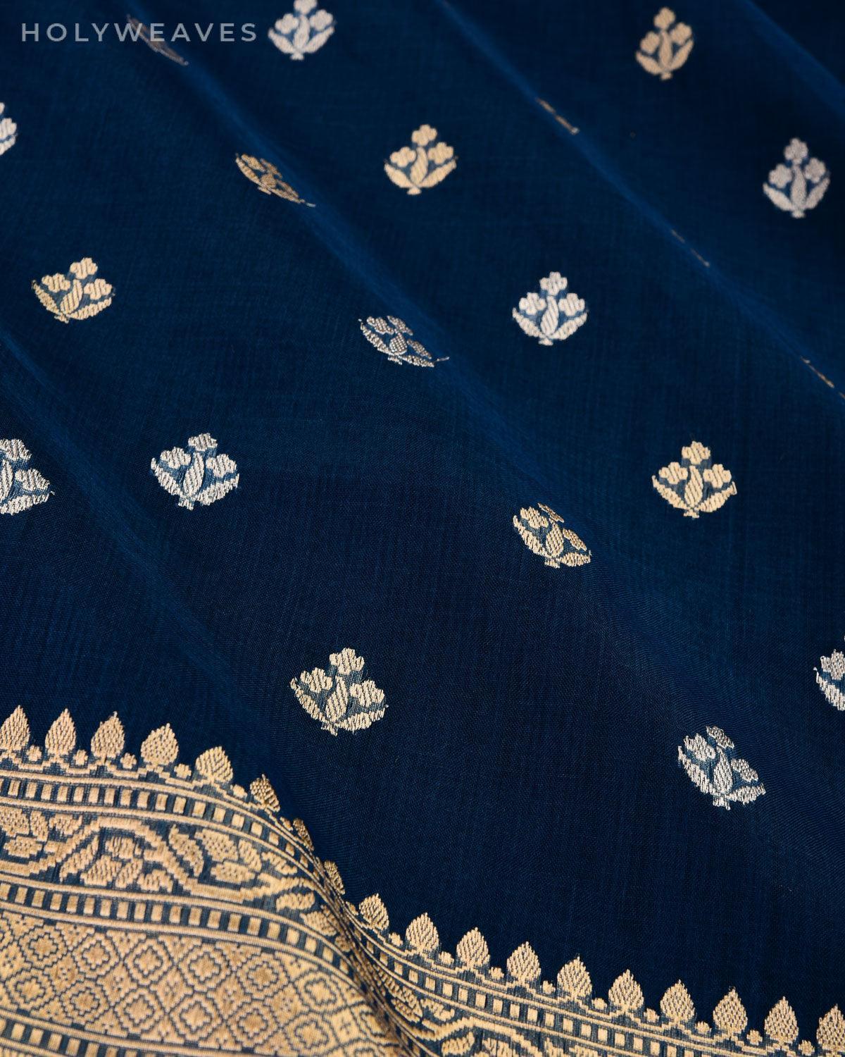 Prussian Blue Banarasi Gold & Silver Buti Kadhuan Brocade Handwoven Kora Silk Saree - By HolyWeaves, Benares