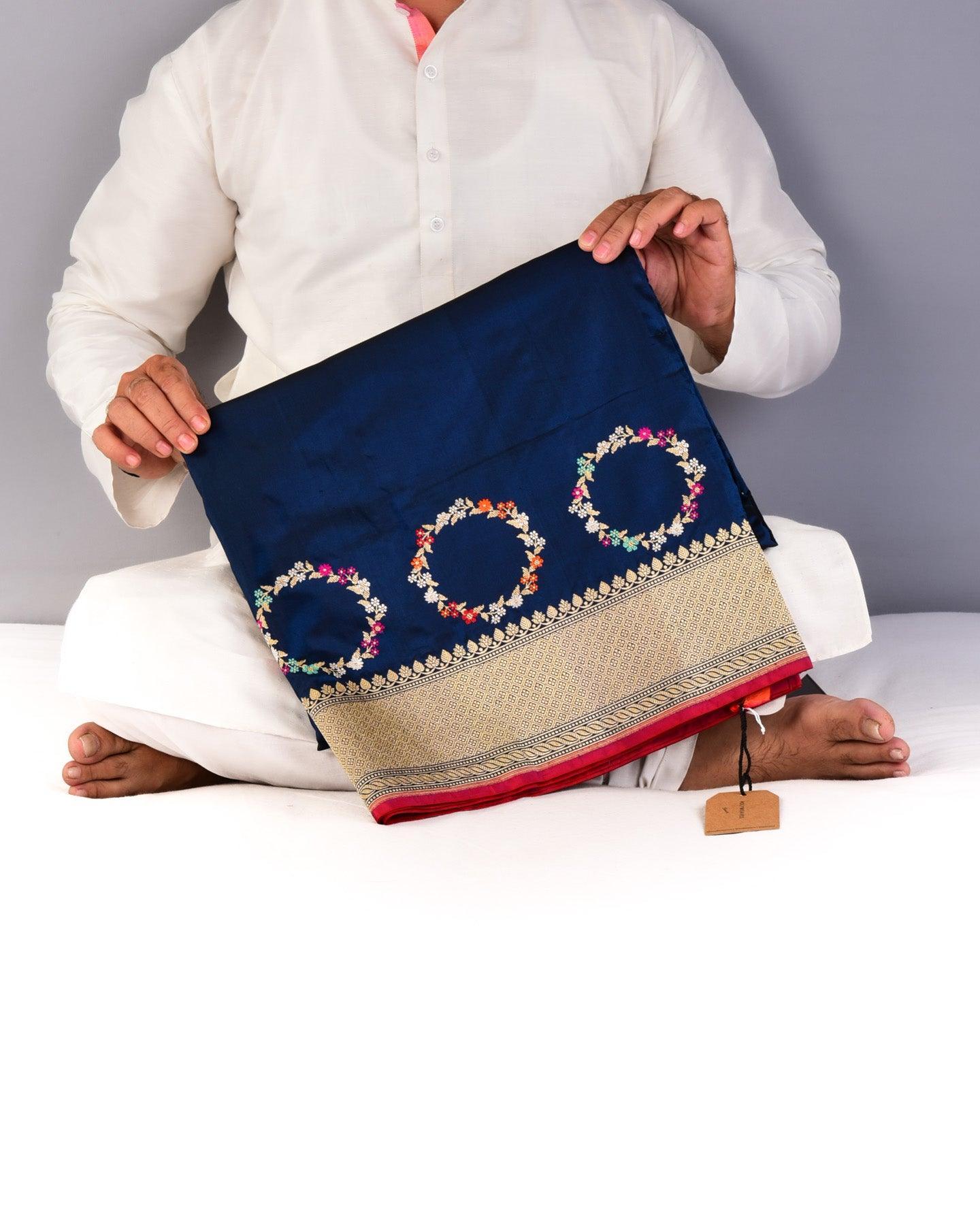 Prussian Blue Banarasi Meenedar Kangan Weave Kadhuan Brocade Handwoven Katan Silk Saree - By HolyWeaves, Benares