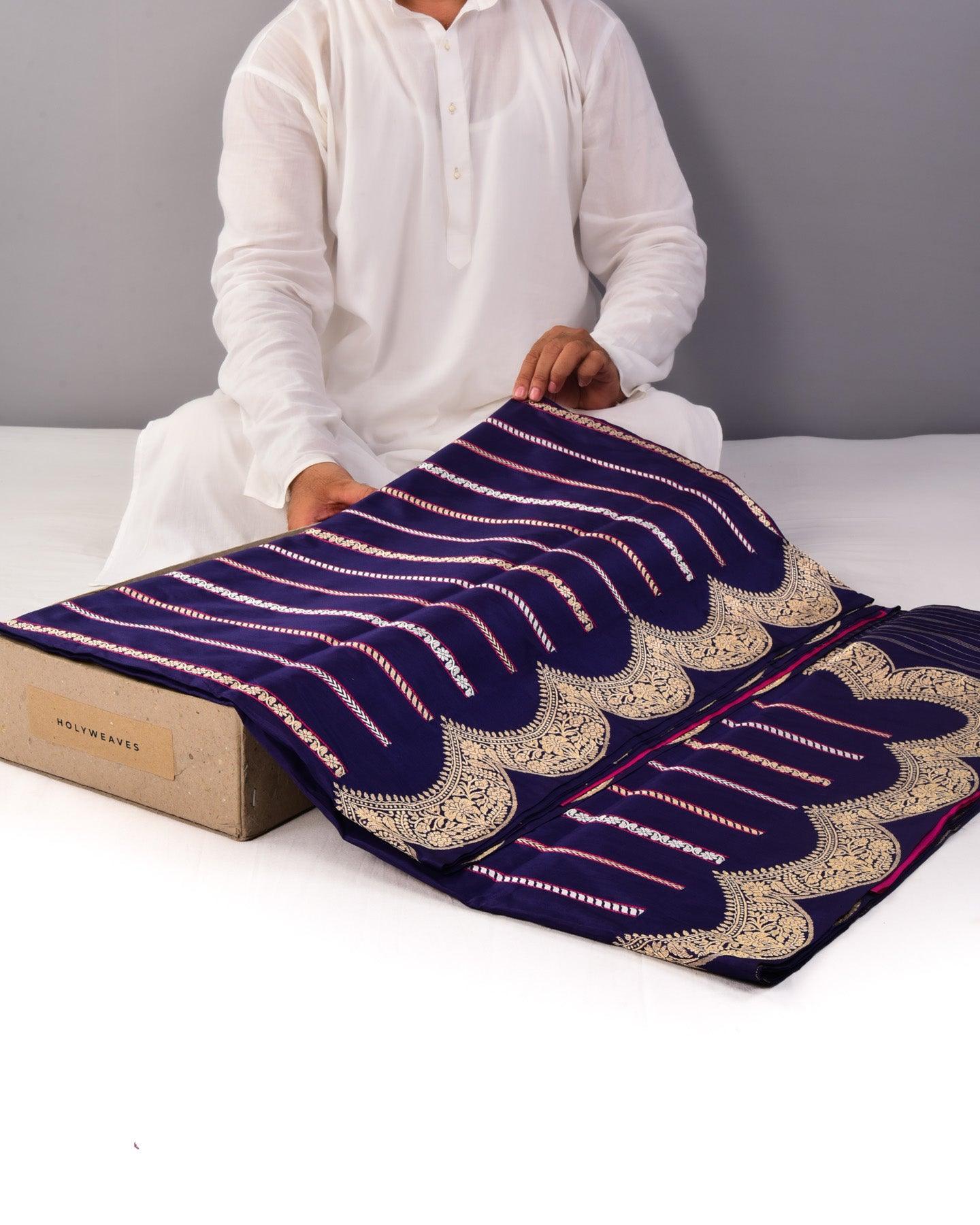 Purple Banarasi Alfi Brocade Stripes Kadhuan Brocade Handwoven Katan Silk Saree with Scallop Border - By HolyWeaves, Benares
