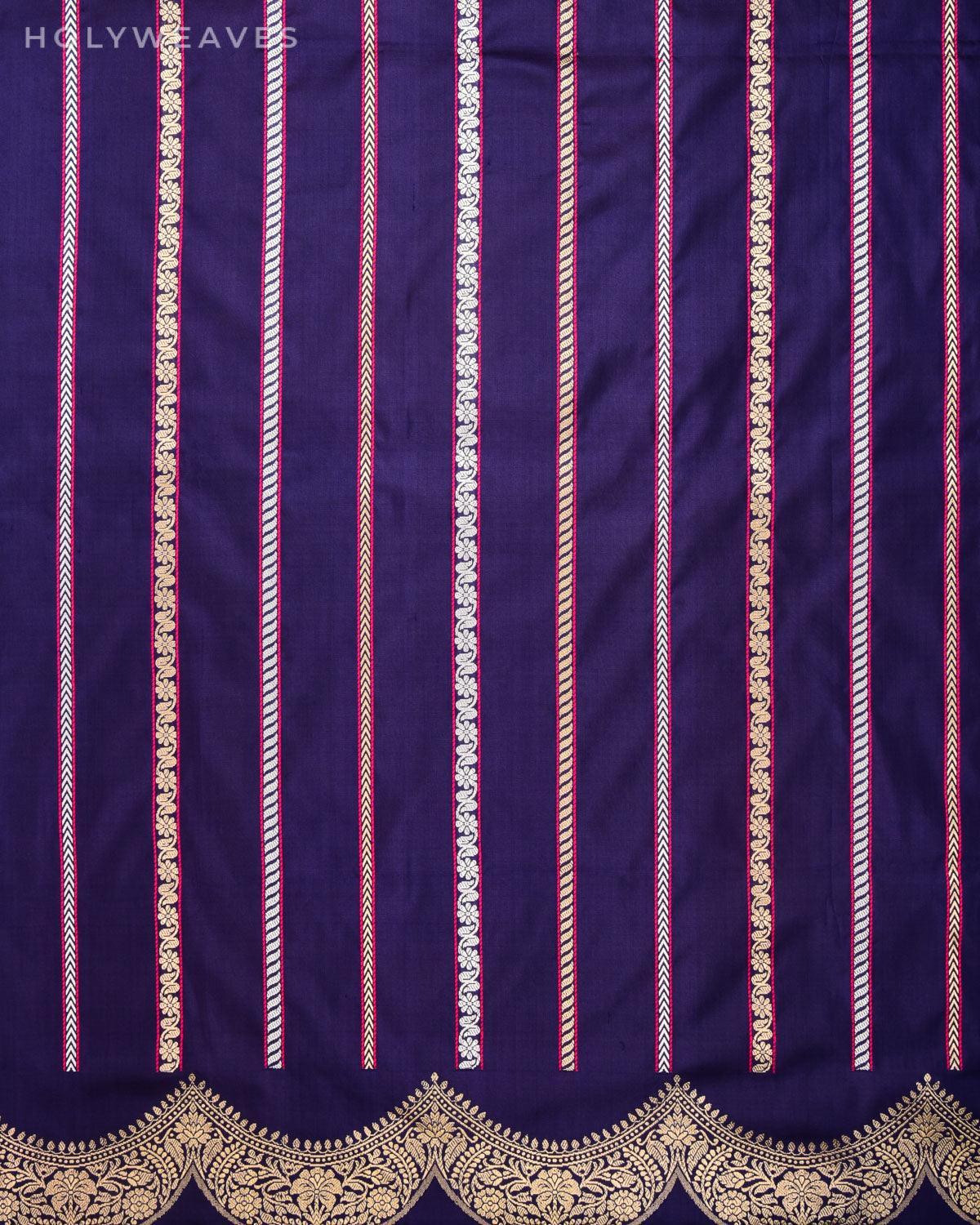Purple Banarasi Alfi Brocade Stripes Kadhuan Brocade Handwoven Katan Silk Saree with Scallop Border - By HolyWeaves, Benares