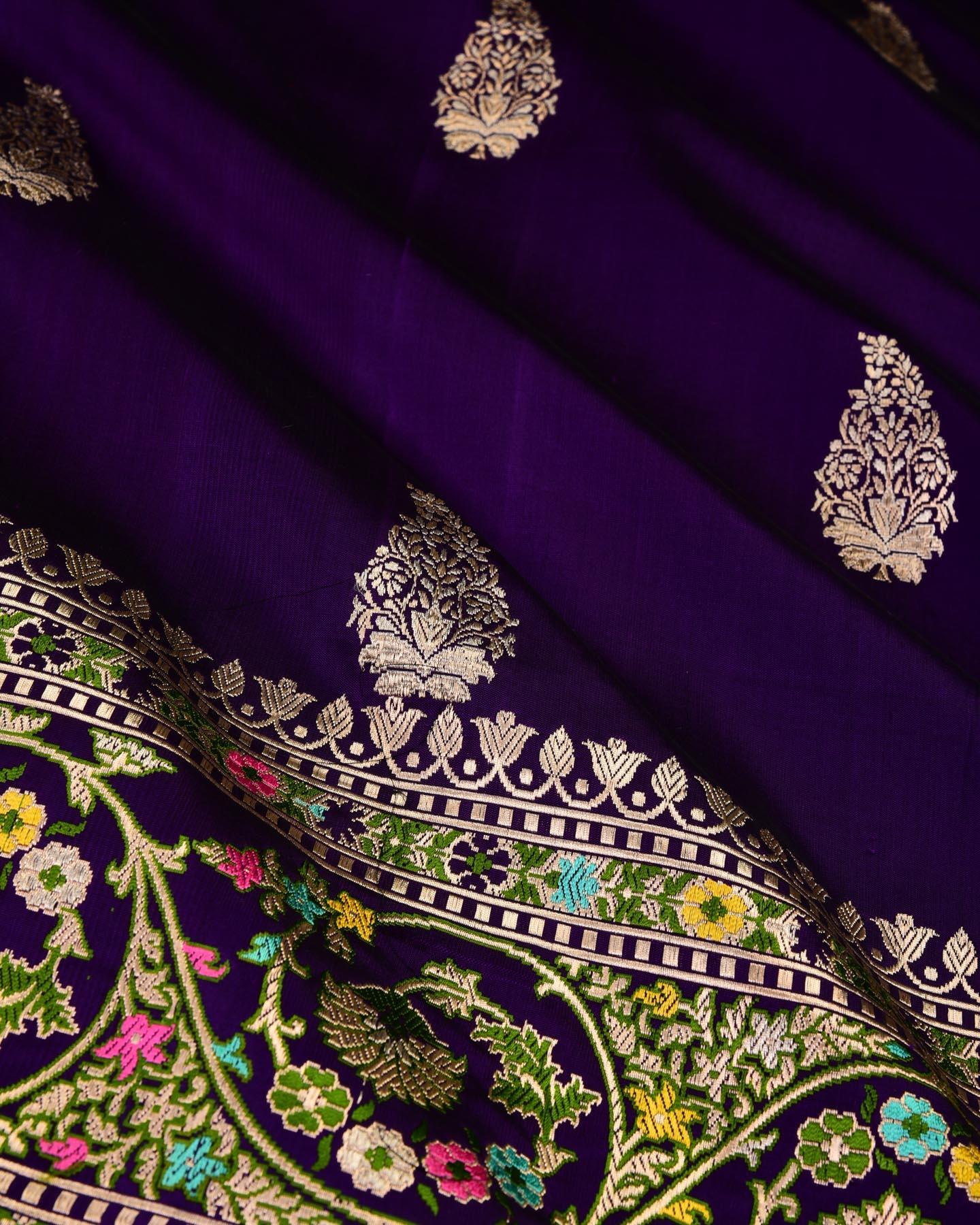 Purple Banarasi Alfi Buta & Tehri Bel Kadhuan Brocade Handwoven Katan Silk Saree - By HolyWeaves, Benares