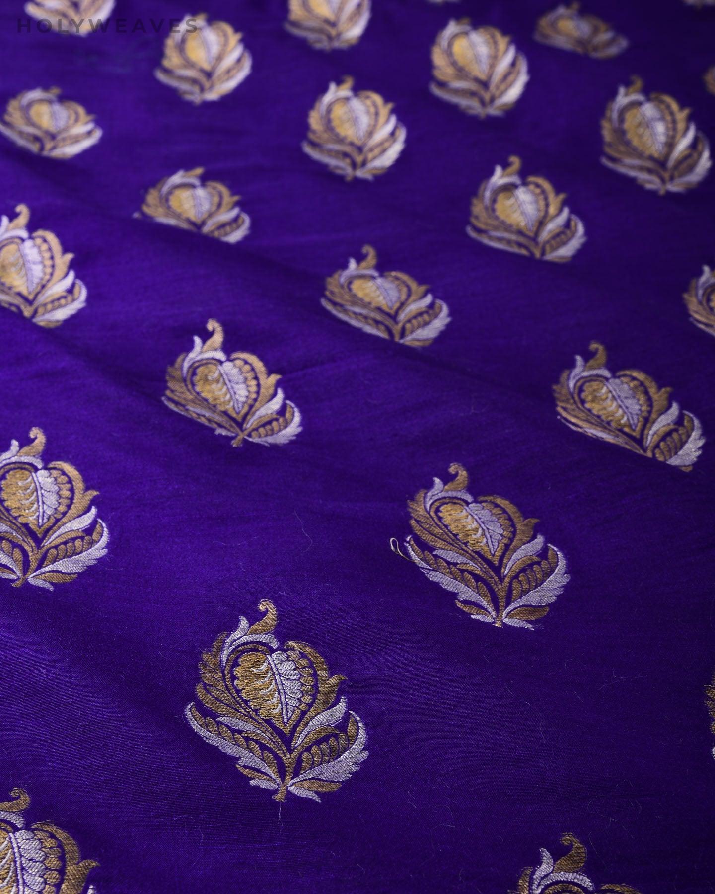 Purple Banarasi Alfi Buti Cutwork Brocade Handwoven Muga Silk Fabric - By HolyWeaves, Benares