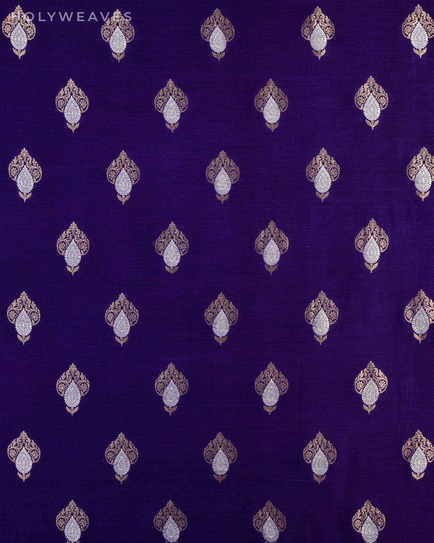 Purple Banarasi Alfi Buti Cutwork Brocade Handwoven Muga Silk Fabric - By HolyWeaves, Benares