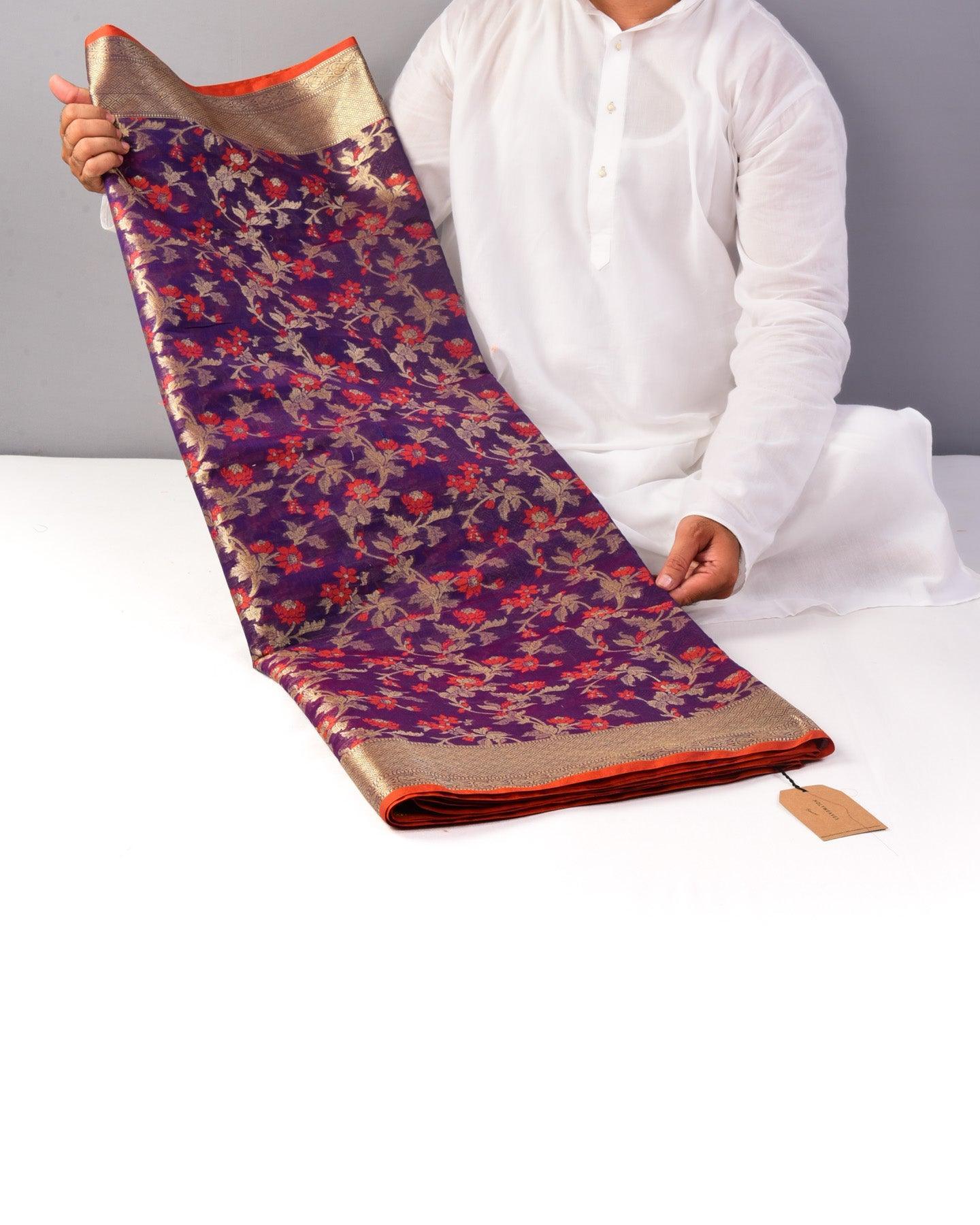 Purple Banarasi Alfi Meena Jaal Cutwork Brocade Woven Cotton Silk Saree - By HolyWeaves, Benares