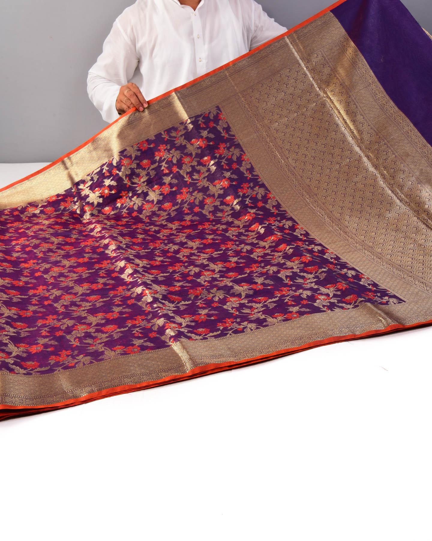 Purple Banarasi Alfi Meena Jaal Cutwork Brocade Woven Cotton Silk Saree - By HolyWeaves, Benares