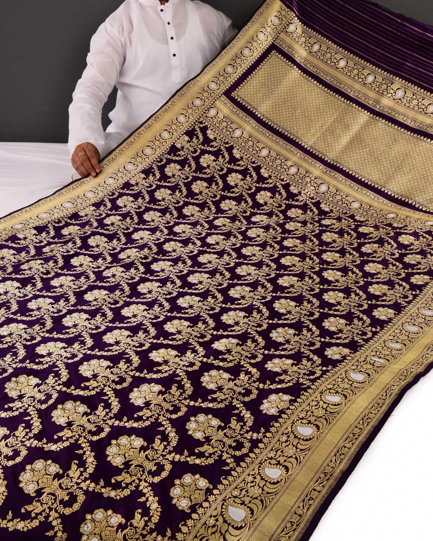 Purple Banarasi Alfi Sona Rupa All-Over Kadhuan Brocade Handwoven Katan Silk Saree - By HolyWeaves, Benares
