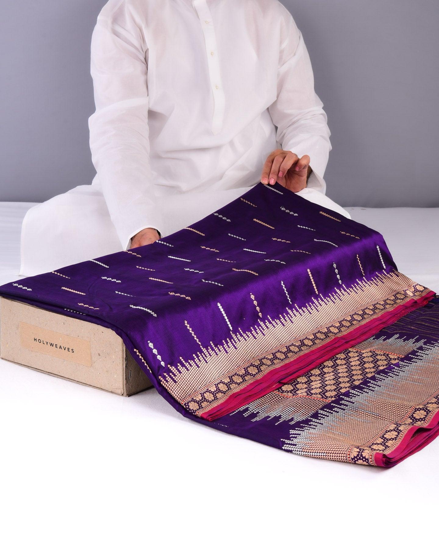 Purple Banarasi Alfi Sona Rupa Arrowhead Kadhuan Brocade Handwoven Katan Silk Saree - By HolyWeaves, Benares
