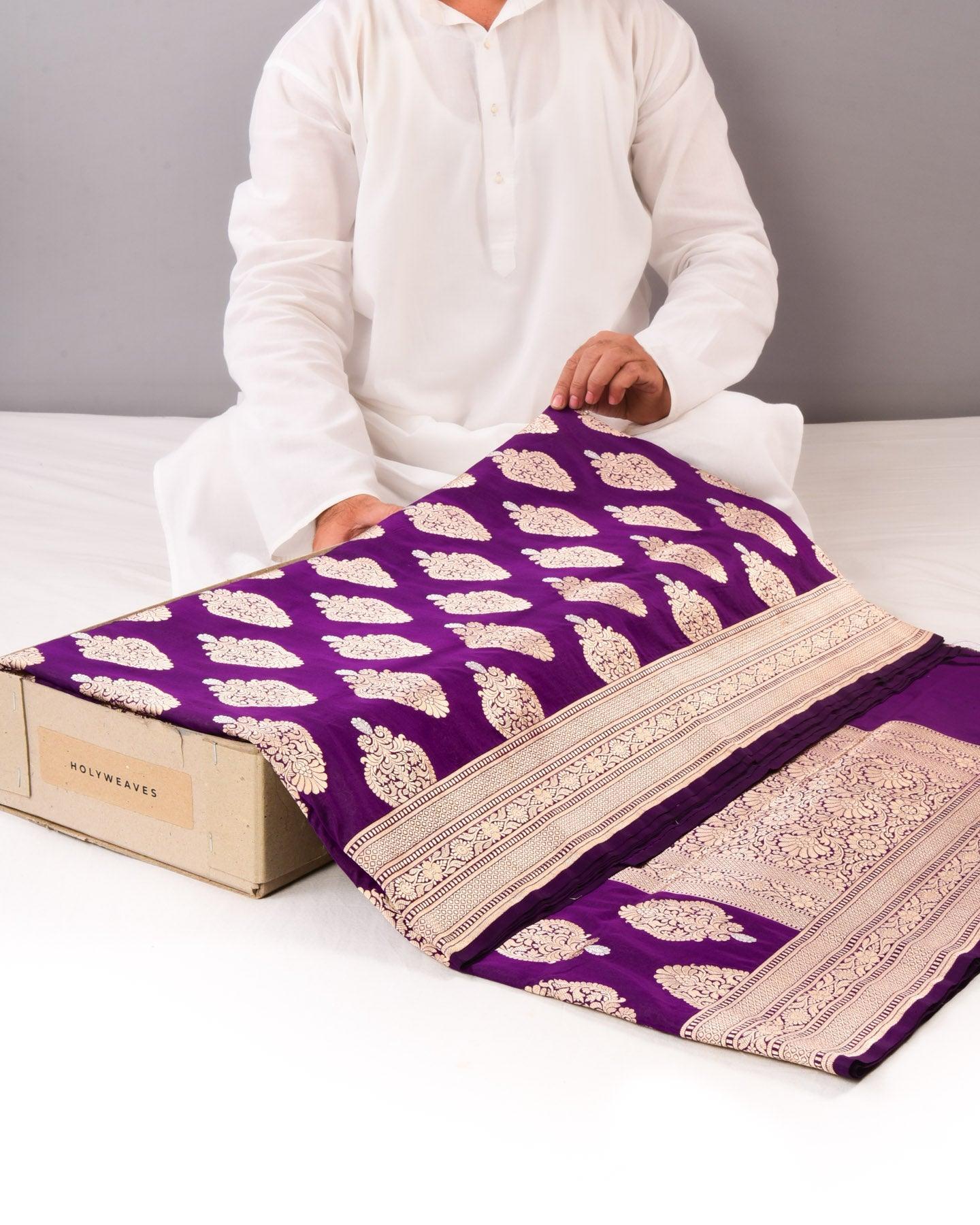 Purple Banarasi Alfi Sona Rupa Buta Cutwork Brocade Handwoven Katan Silk Saree - By HolyWeaves, Benares