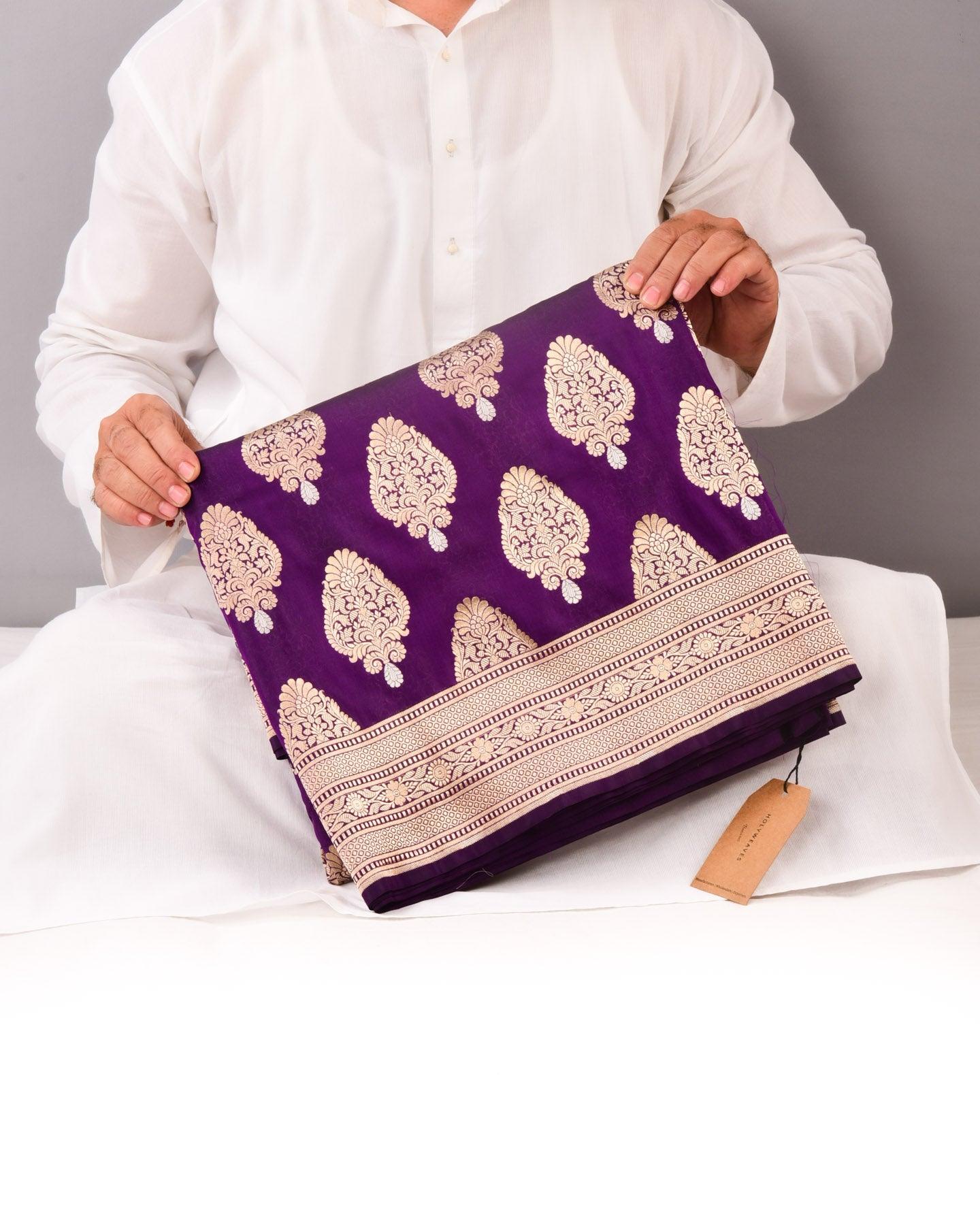 Purple Banarasi Alfi Sona Rupa Buta Cutwork Brocade Handwoven Katan Silk Saree - By HolyWeaves, Benares