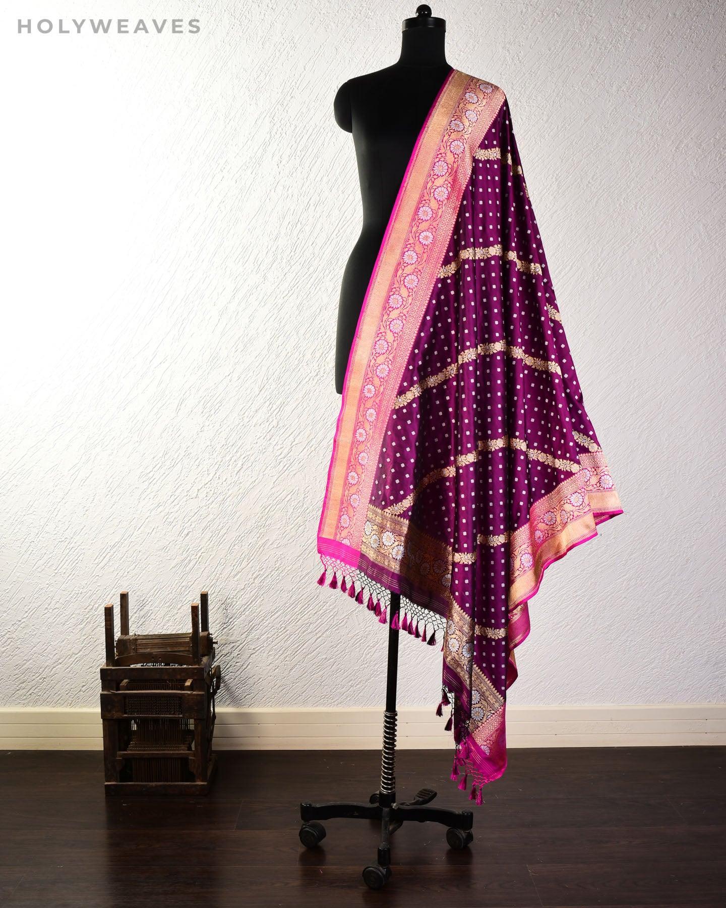 Purple Banarasi Alfi Sona Rupa Leheriya Kadhuan Brocade Handwoven Katan Silk Dupatta - By HolyWeaves, Benares