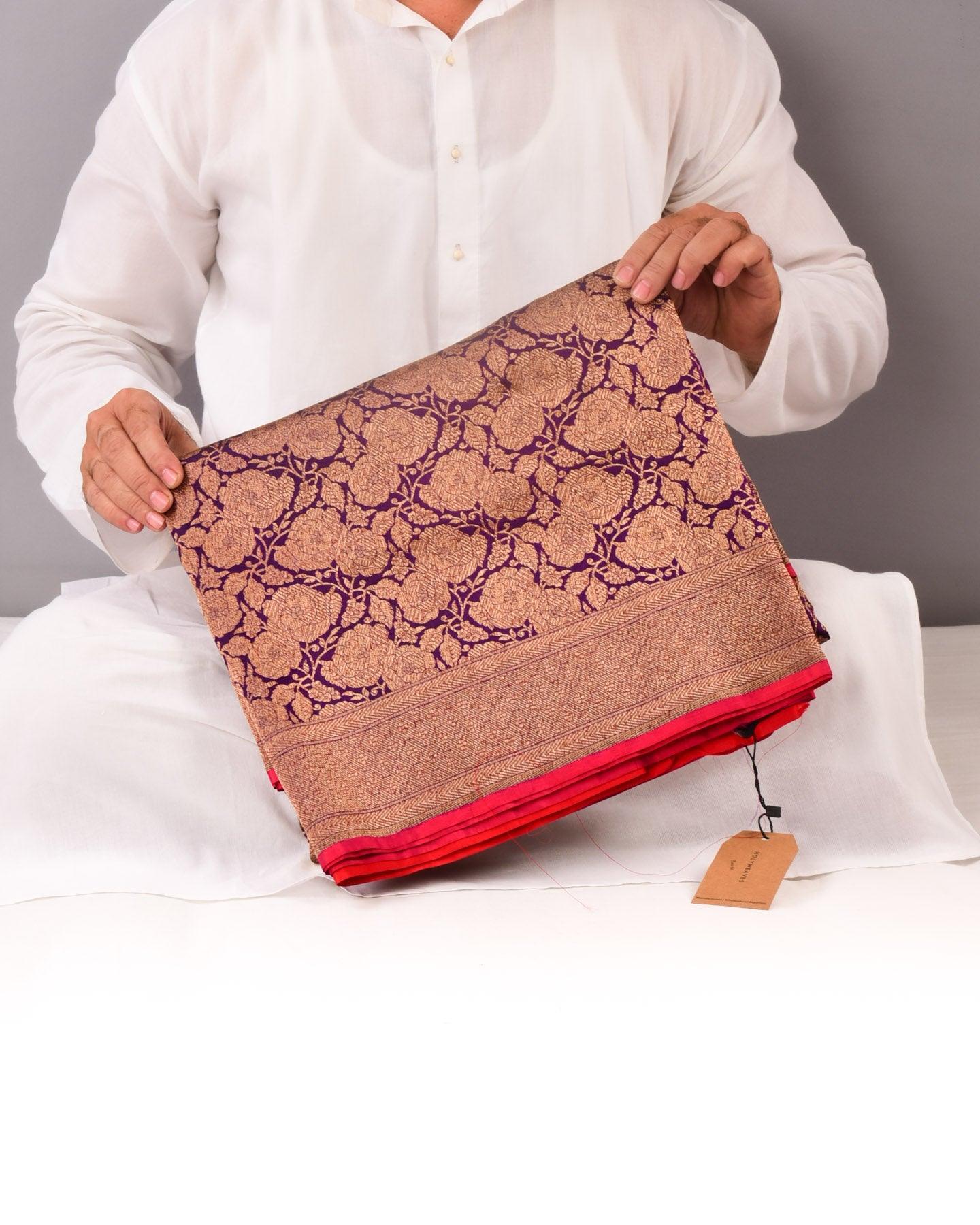 Purple Banarasi Antique Zari Gulaab Jaal Cutwork Brocade Handwoven Katan Silk Saree - By HolyWeaves, Benares