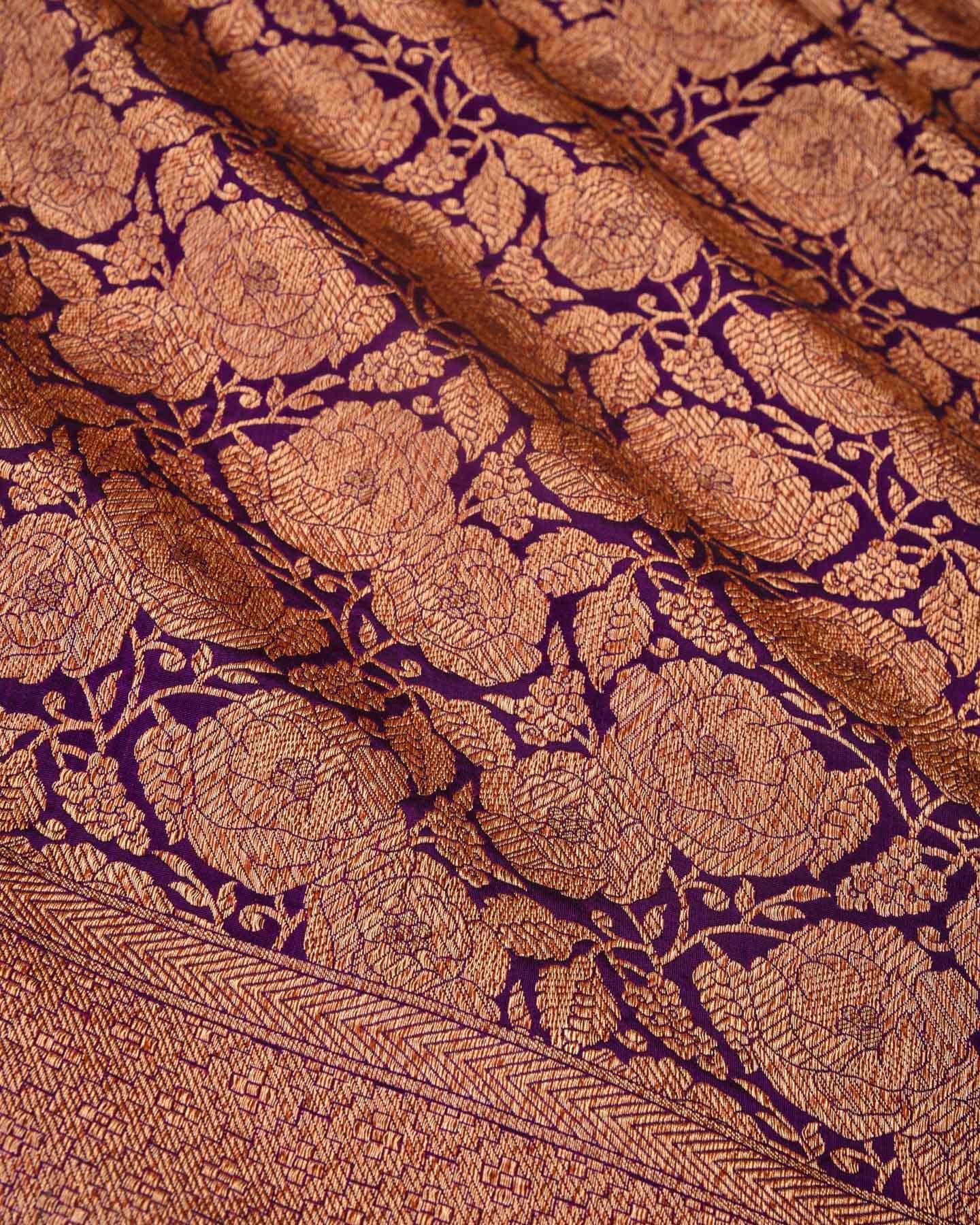 Purple Banarasi Antique Zari Gulaab Jaal Cutwork Brocade Handwoven Katan Silk Saree - By HolyWeaves, Benares