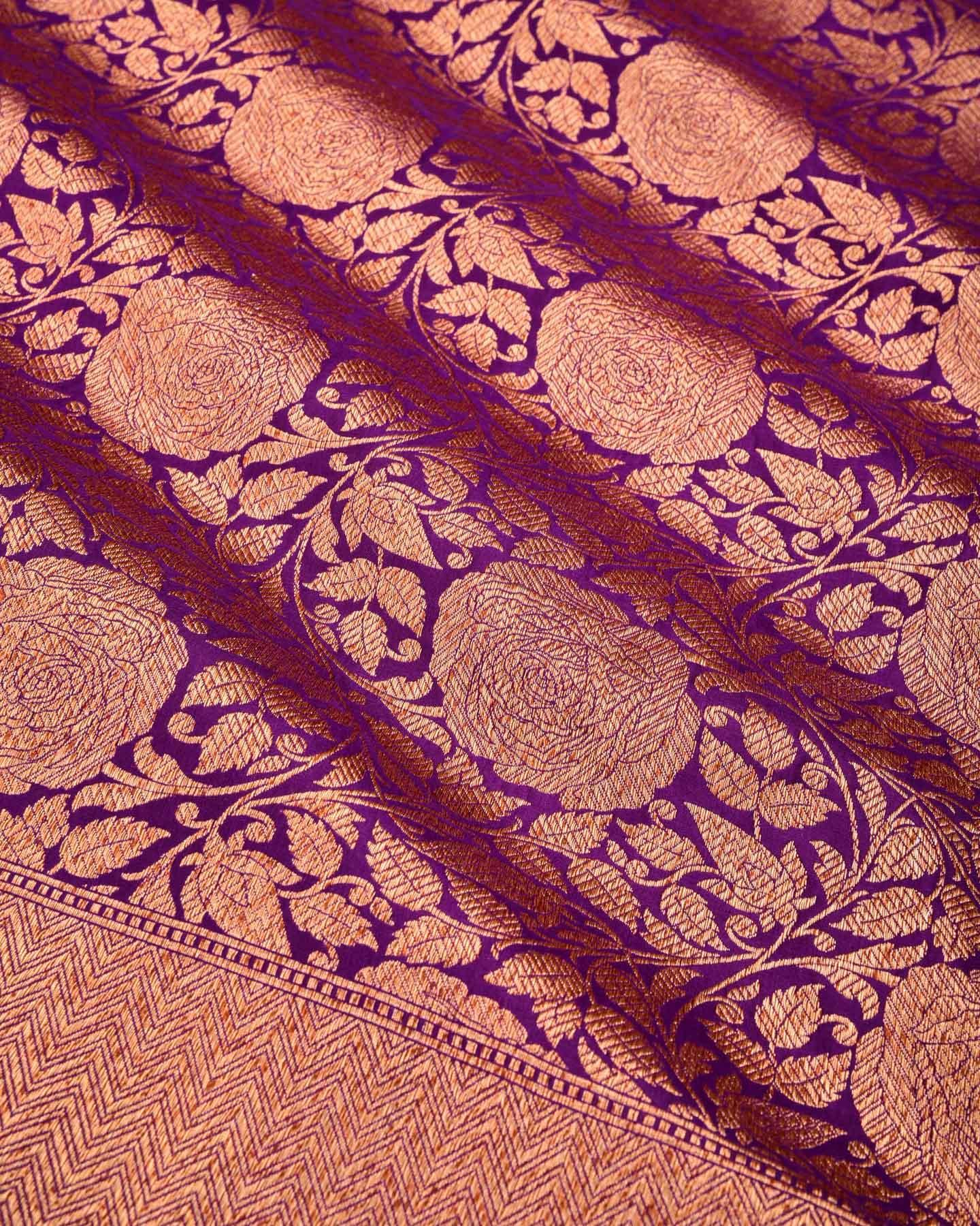 Purple Banarasi Antique Zari Gulab Jaal Brocade Handwoven Katan Silk Saree - By HolyWeaves, Benares