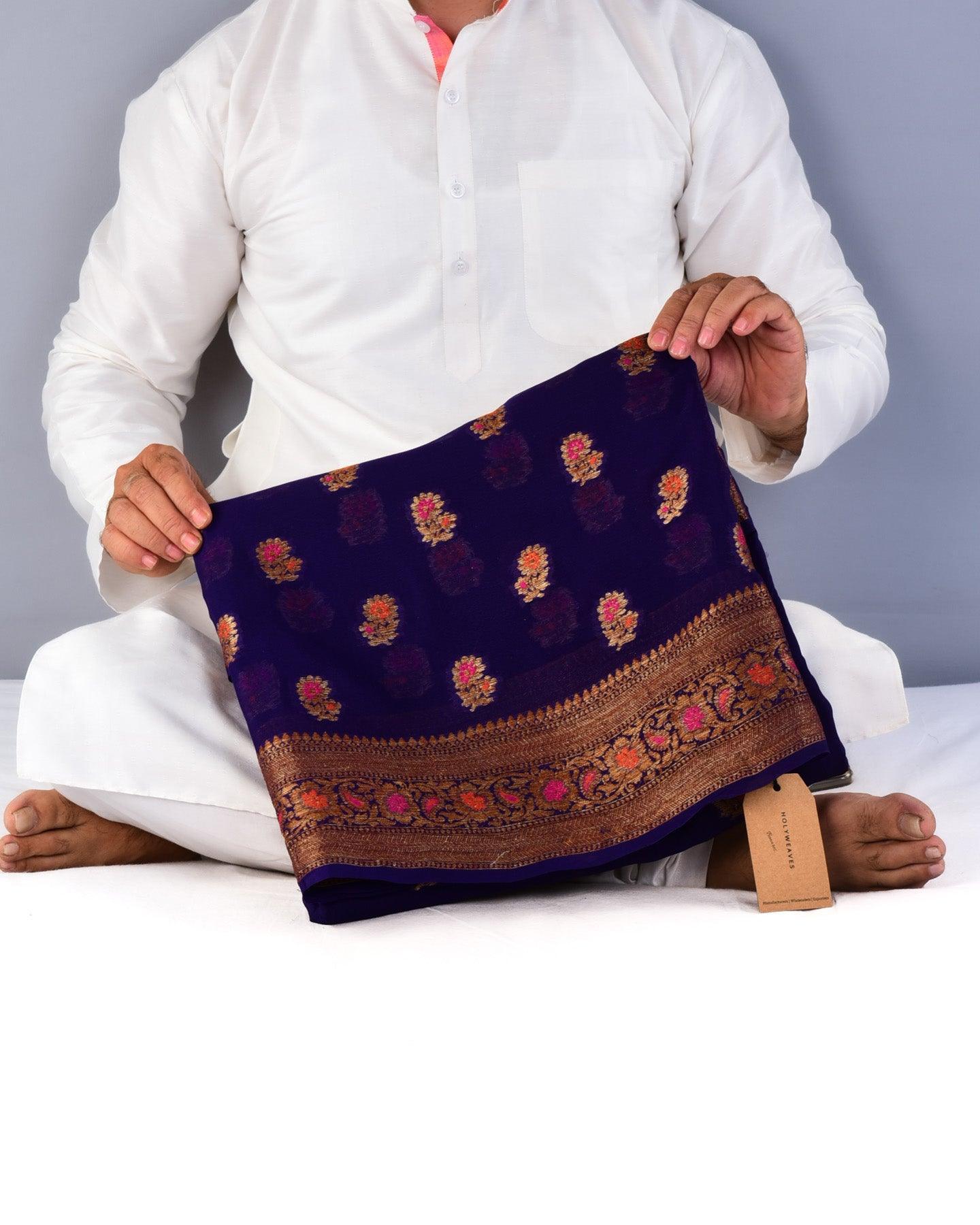 Purple Banarasi Antique Zari Meenedar Cutwork Brocade Woven Khaddi Georgette Saree - By HolyWeaves, Benares