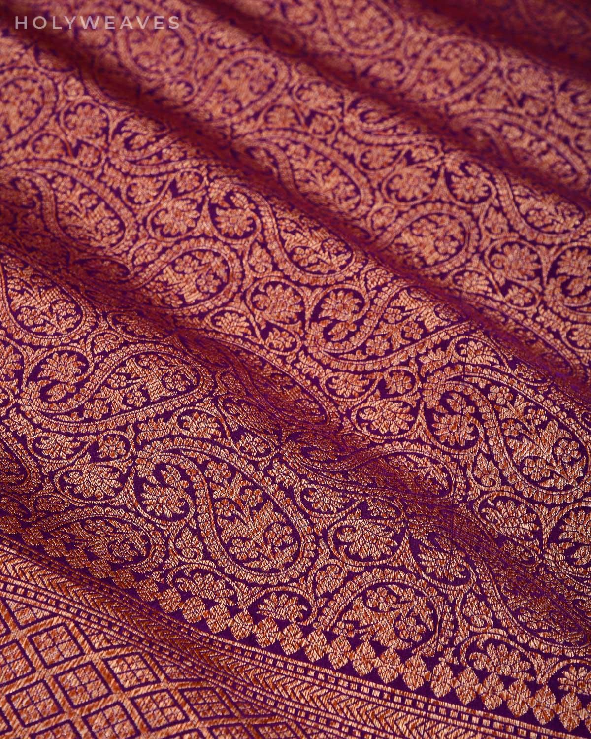 Purple Banarasi Antique Zari Paisley Jaal Brocade Handwoven Katan Silk Saree with Red Contrast Blouse - By HolyWeaves, Benares