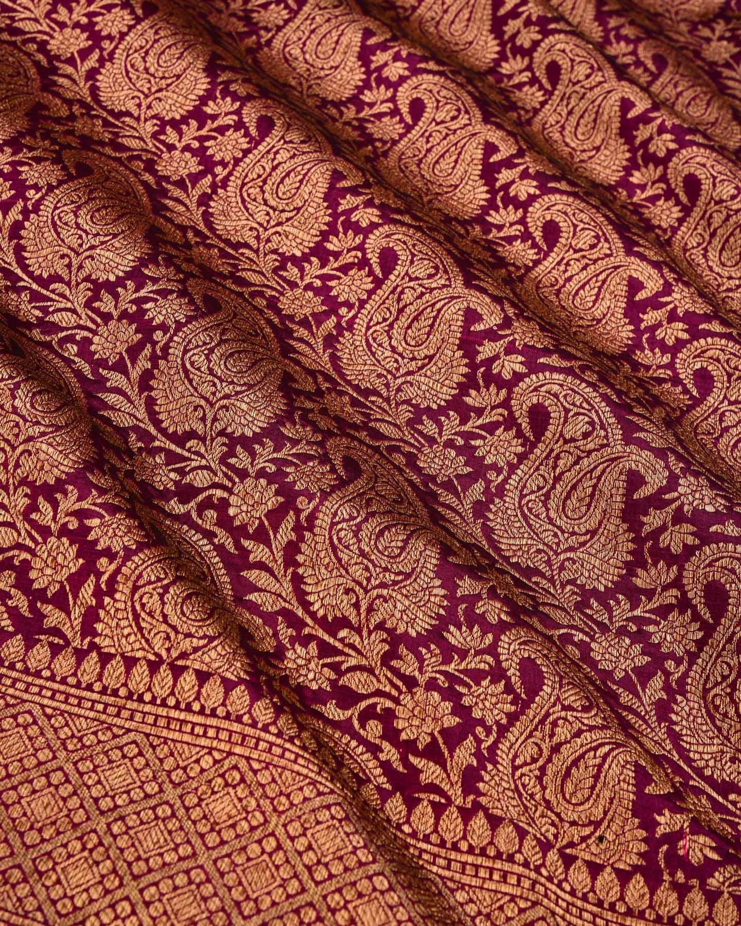 Purple Banarasi Antique Zari Paisley Jaal Brocade Woven Katan Silk Saree - By HolyWeaves, Benares
