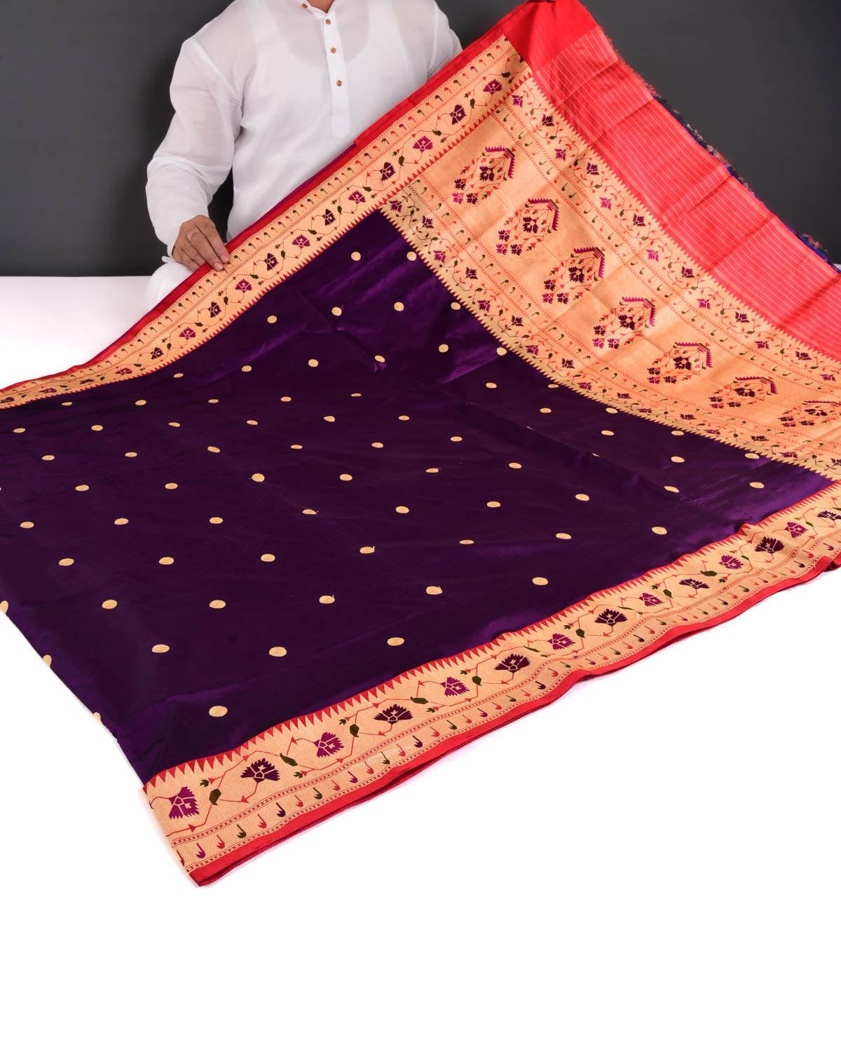 Purple Banarasi Asharfi Buti With Paithani Border Kadhuan Brocade Handwoven Katan Silk Saree - By HolyWeaves, Benares
