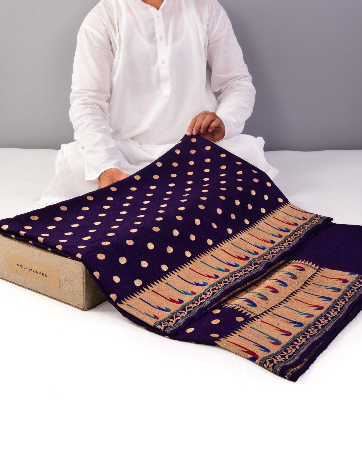 Purple Banarasi Asharfi Paithani Cutwork Brocade Handwoven Tasar Silk Saree with Chhadi Border Pallu - By HolyWeaves, Benares