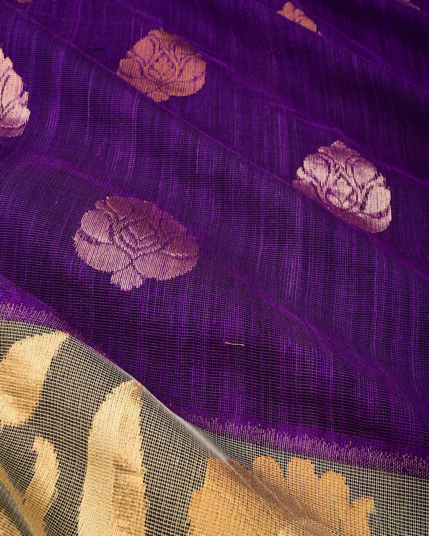 Purple Banarasi Buta Kadhuan Brocade Handwoven Raw Silk Net Saree with Kadiyal Tissue Border - By HolyWeaves, Benares