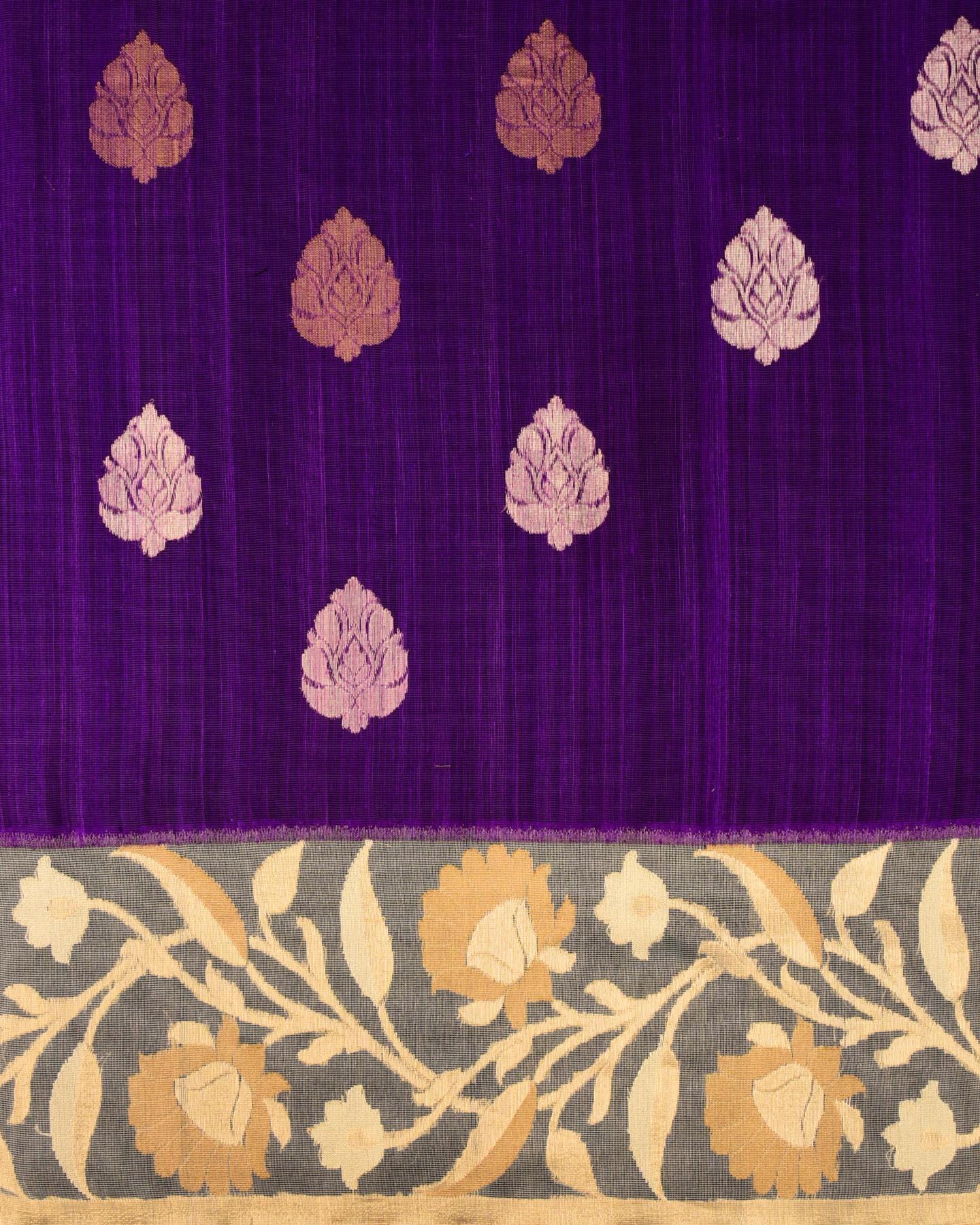 Purple Banarasi Buta Kadhuan Brocade Handwoven Raw Silk Net Saree with Kadiyal Tissue Border - By HolyWeaves, Benares
